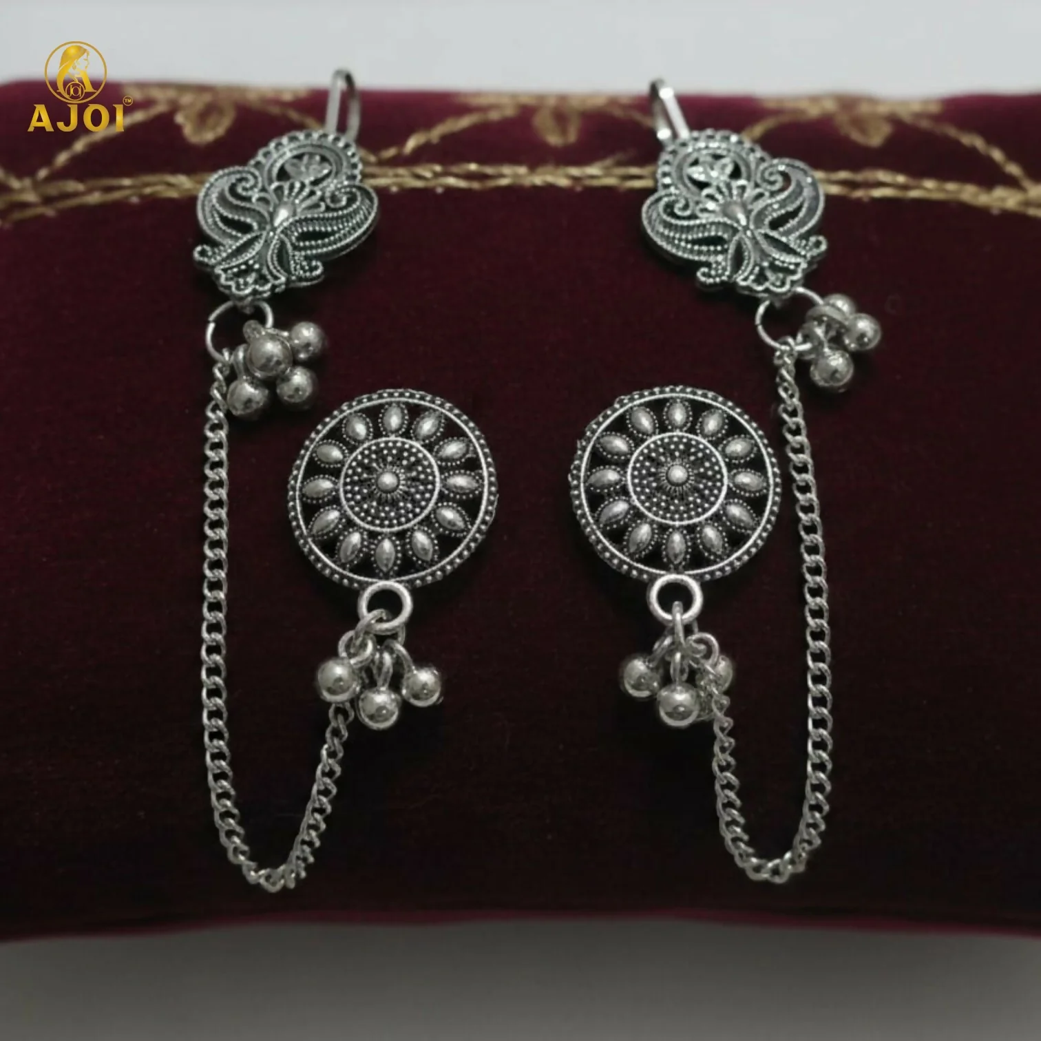 Oxidized Silver Ethnic Chain Drop Earrings for Women | Antique Tribal Boho Long Earrings - Image 3
