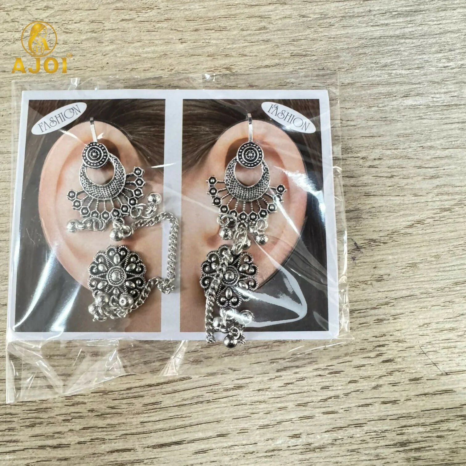 Oxidized Silver Ethnic Ear Cuff Chain Earrings with Studs | Traditional Boho Tribal Jewelry - Image 6