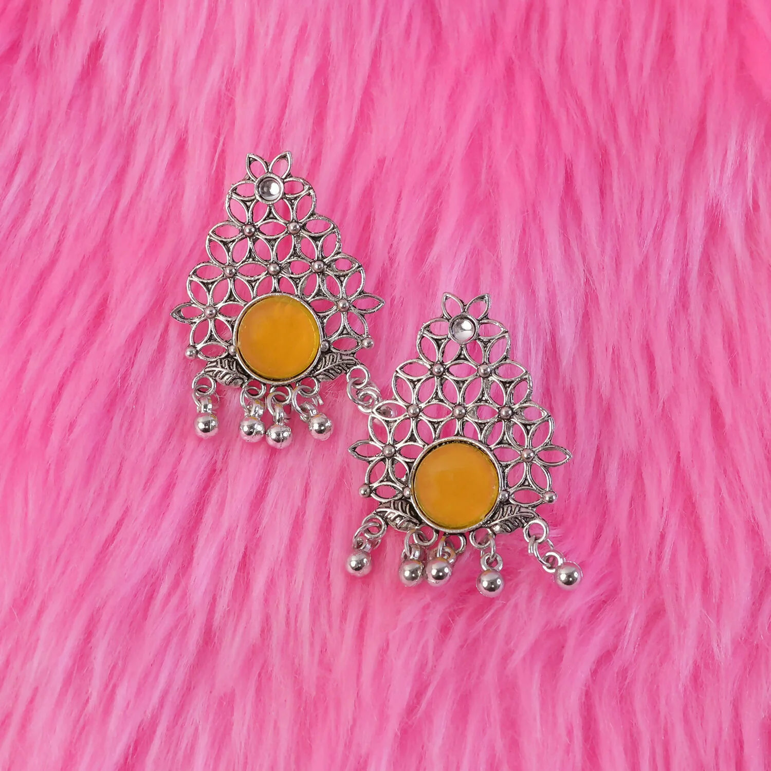 Oxidized Silver Filigree Earrings with Vibrant Yellow Center Stone and Ghungroo Dangles - Image 3