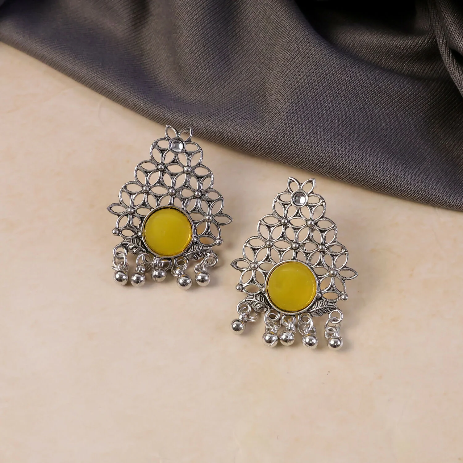Oxidized Silver Filigree Earrings with Vibrant Yellow Center Stone and Ghungroo Dangles - Image 4