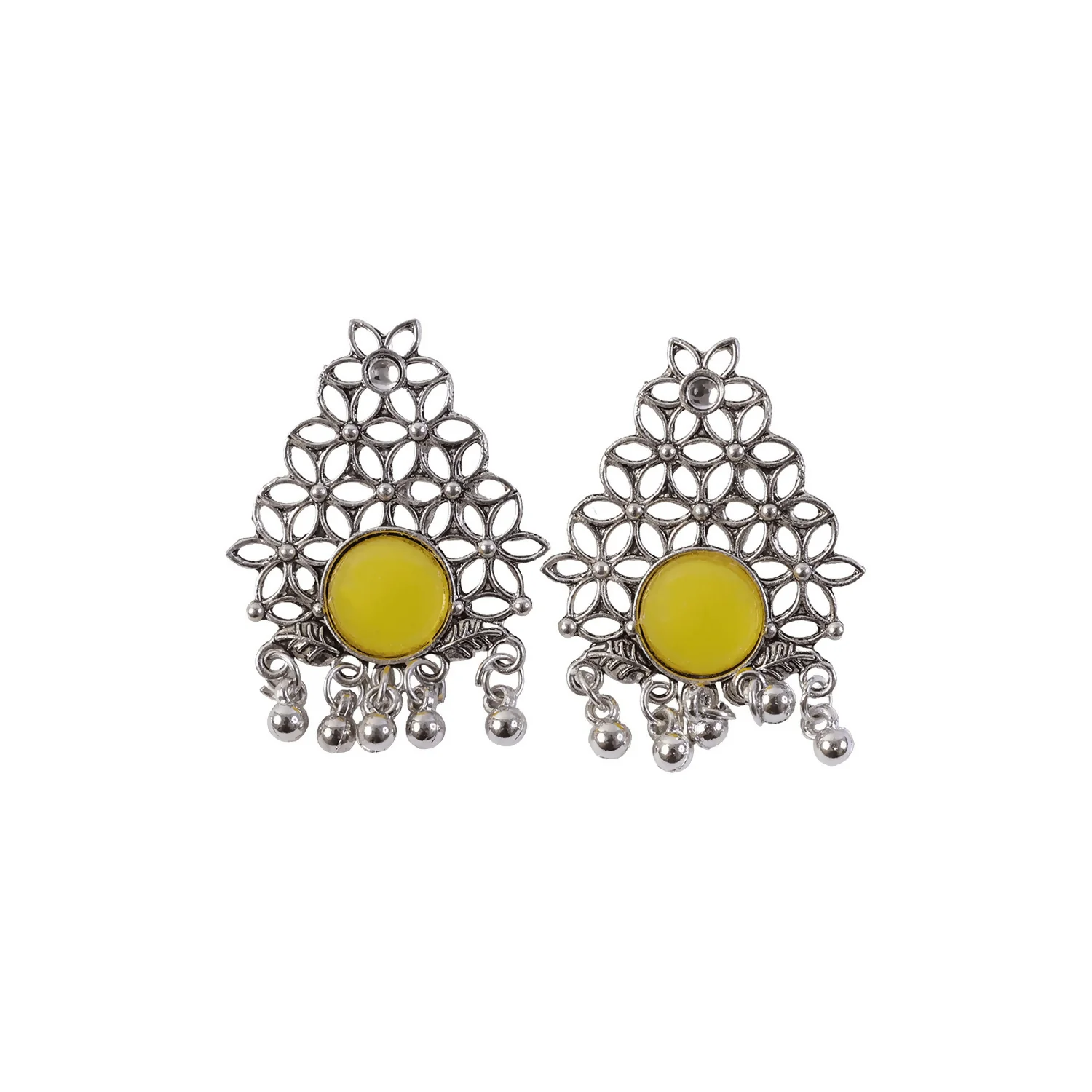 Oxidized Silver Filigree Earrings with Vibrant Yellow Center Stone and Ghungroo Dangles - Image 5