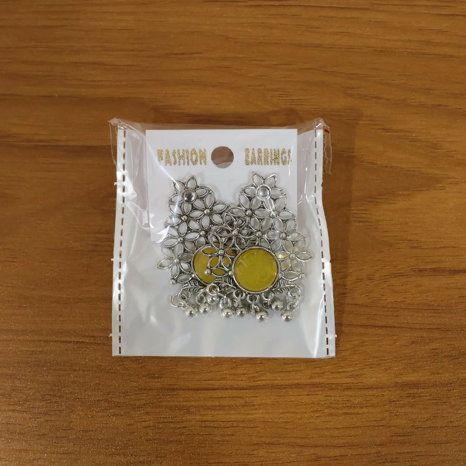 Oxidized Silver Filigree Earrings with Vibrant Yellow Center Stone and Ghungroo Dangles - Image 6