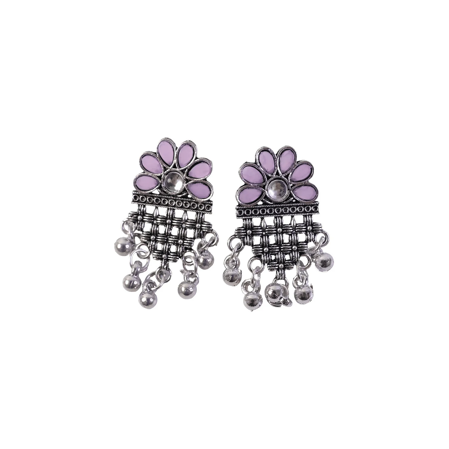 Oxidized Silver Flower Jhumka Earrings with Lavender Stone Accents and Ghungroo Drops - Image 2