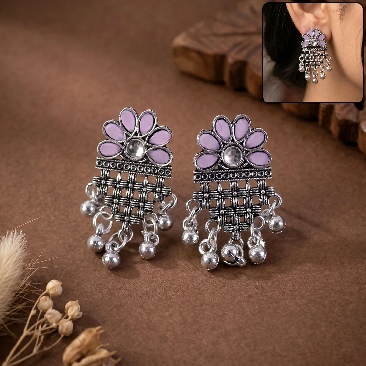 Oxidized Silver Flower Jhumka Earrings with Lavender Stone Accents and Ghungroo Drops - Image 3