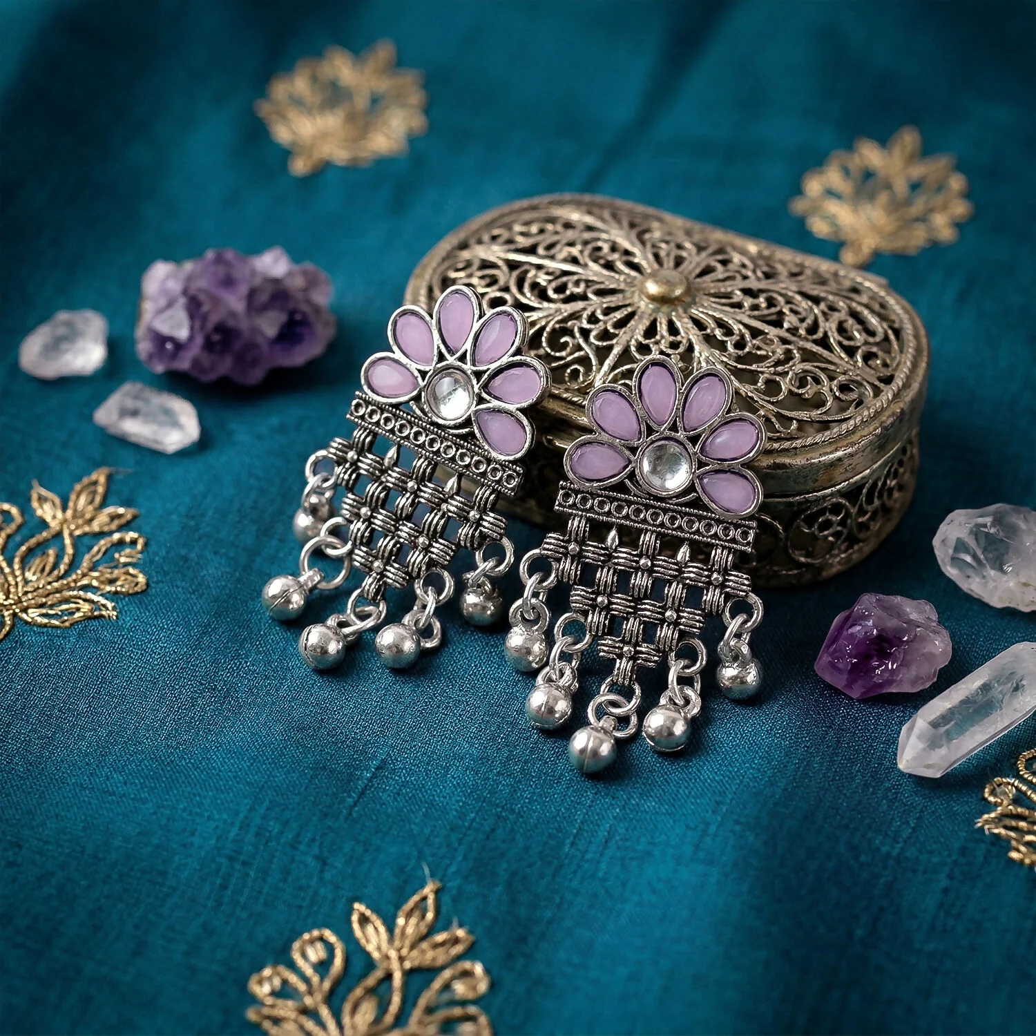 Oxidized Silver Flower Jhumka Earrings with Lavender Stone Accents and Ghungroo Drops - Image 4