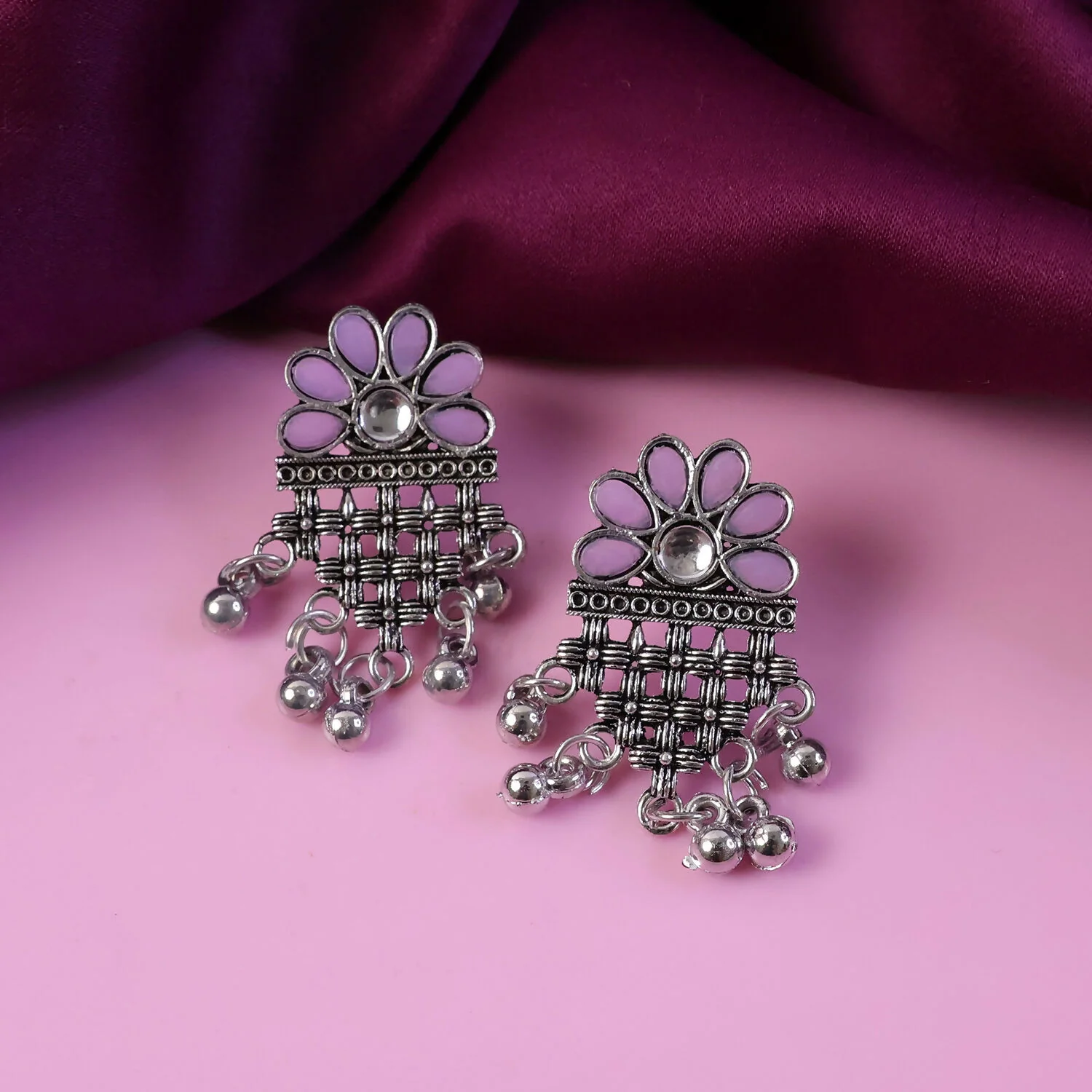 Oxidized Silver Flower Jhumka Earrings with Lavender Stone Accents and Ghungroo Drops - Image 5