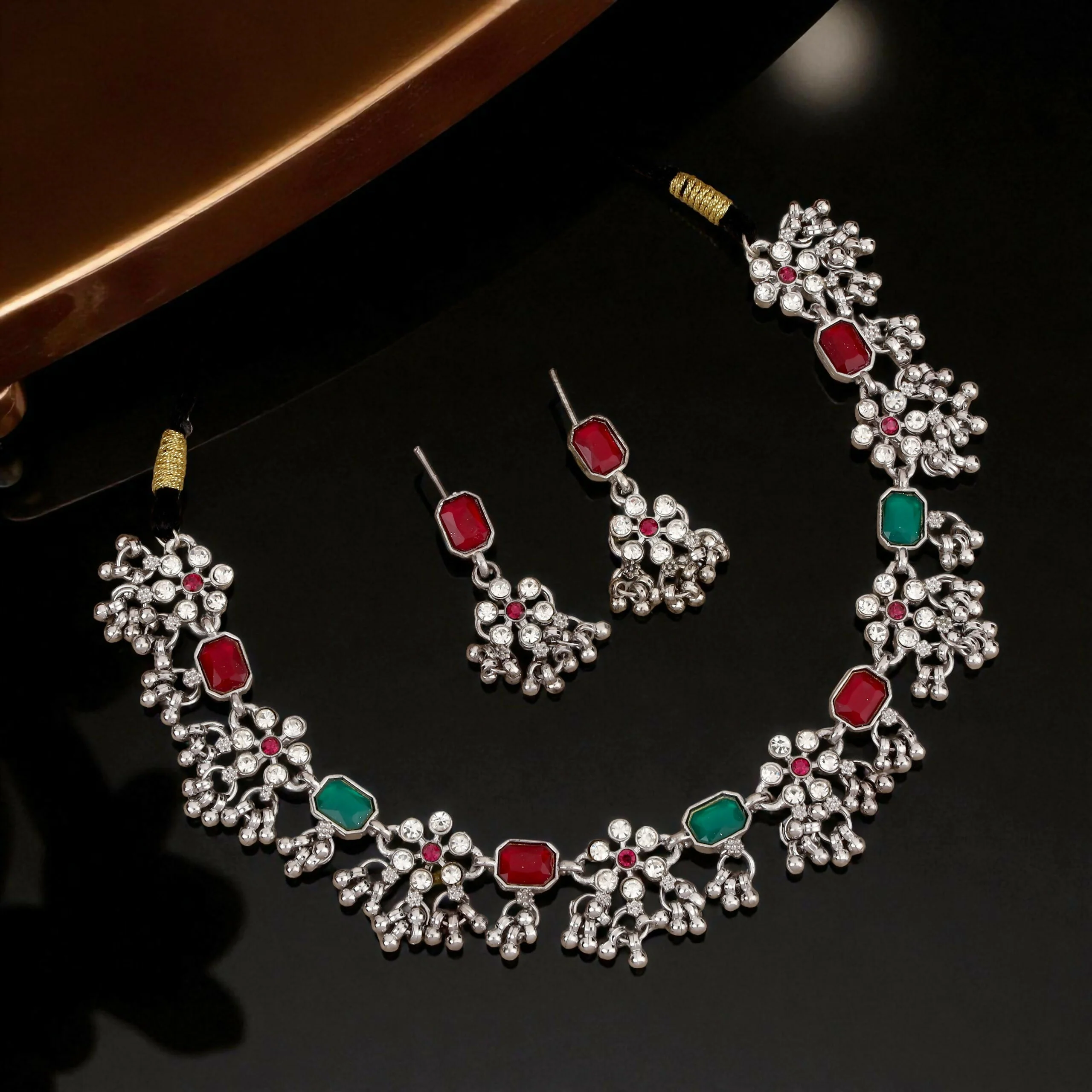 Oxidized Silver Green-Pink Rectangular Stone Choker - Image 3