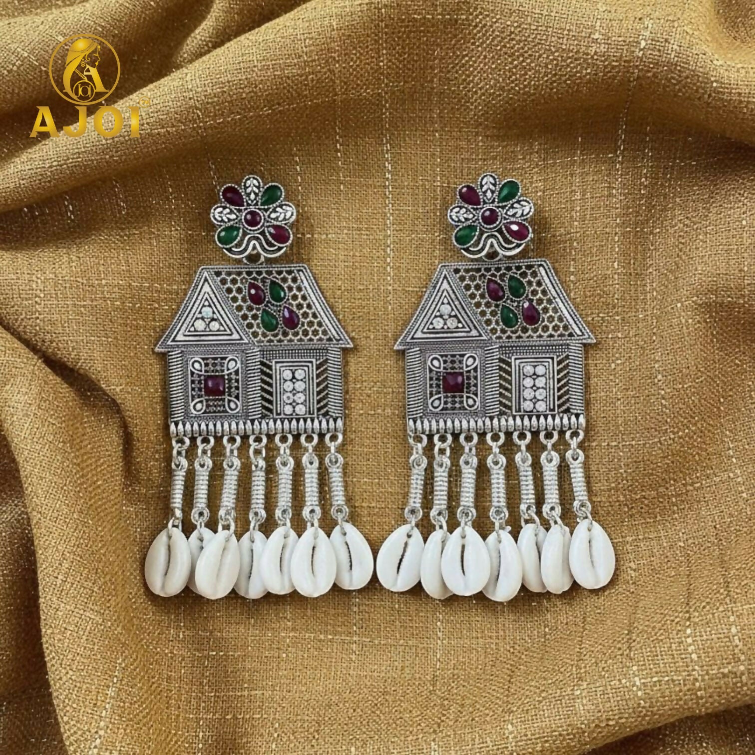 Oxidized Silver House-Shaped Earrings with Multicolor Stones & Shell Danglers - Image 3