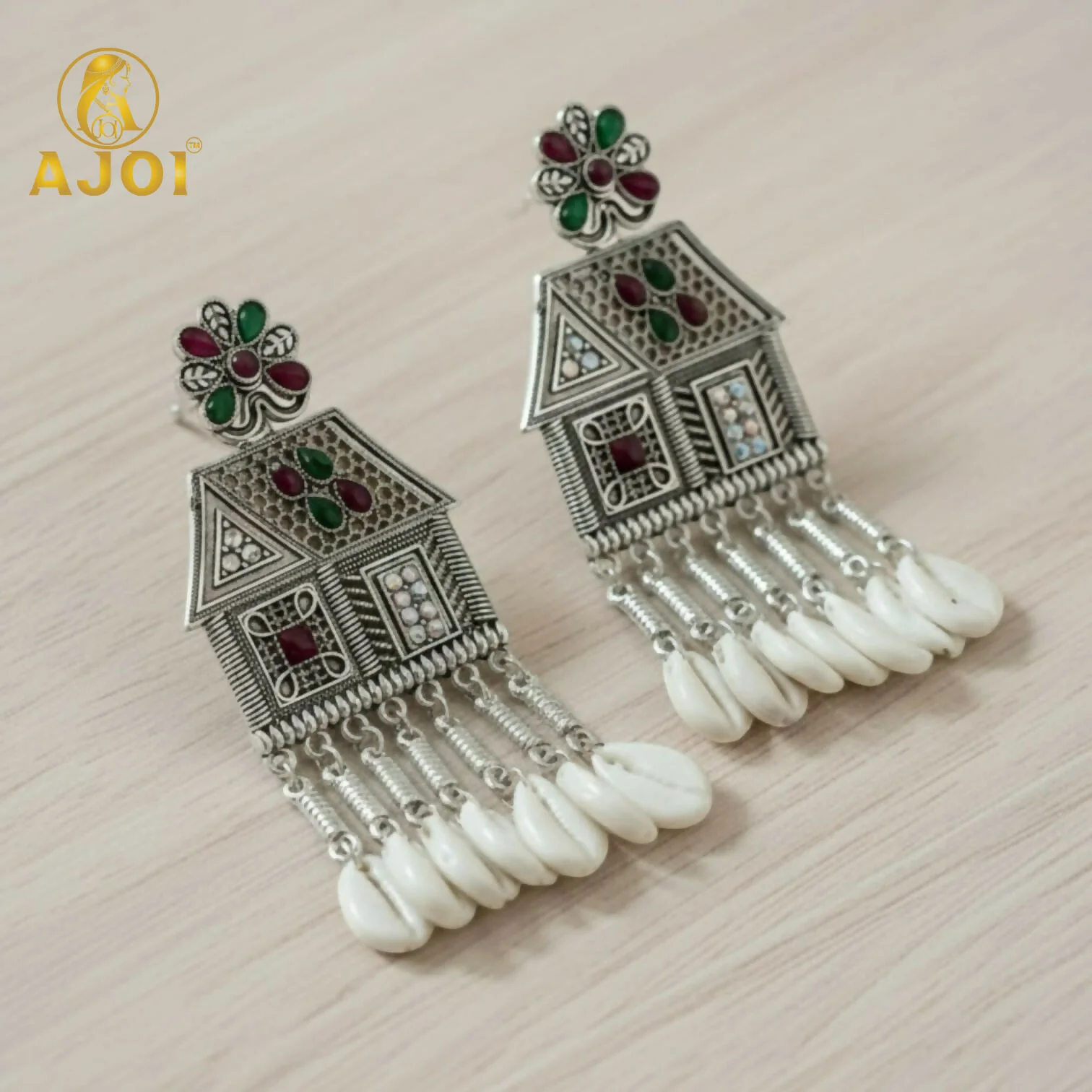 Oxidized Silver House-Shaped Earrings with Multicolor Stones & Shell Danglers - Image 4