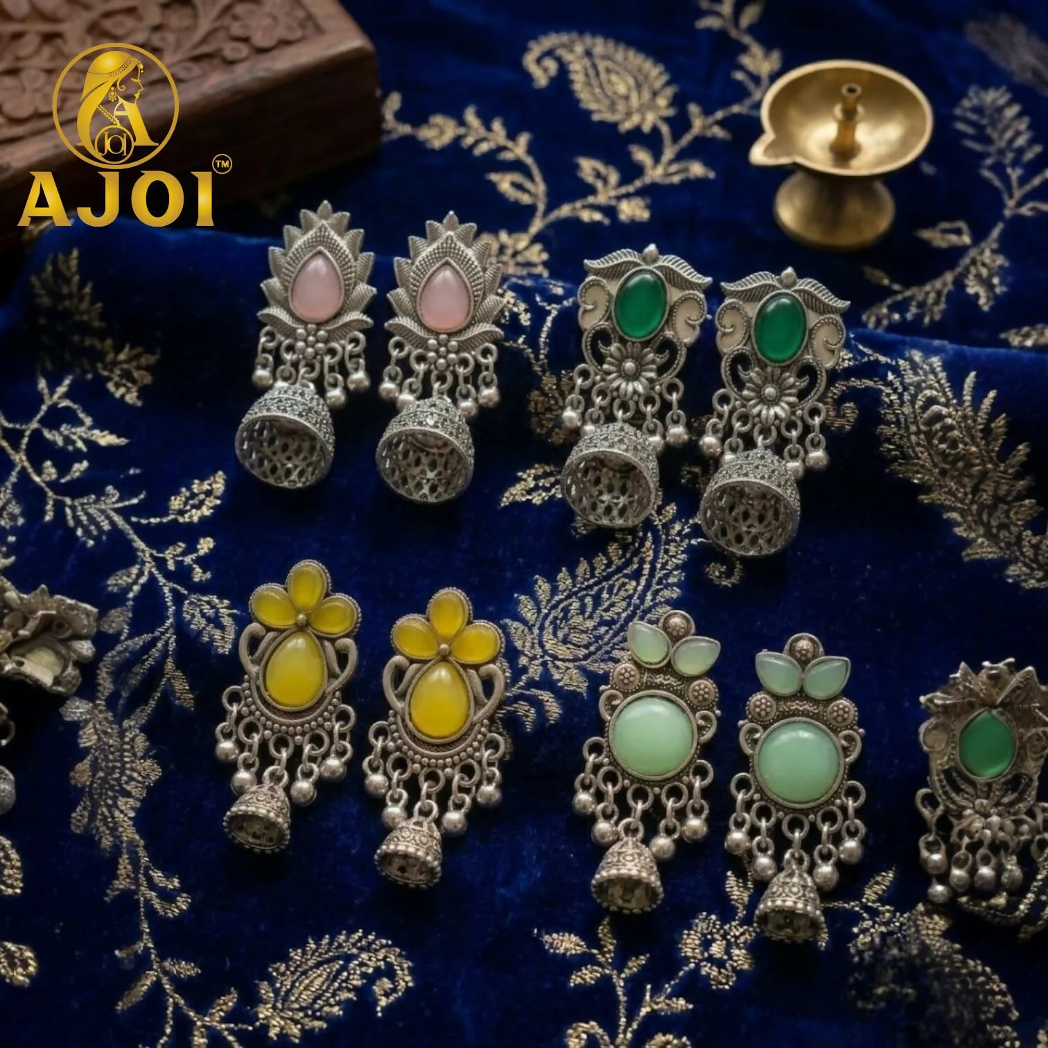 Oxidized Silver Jhumka Earrings Combo with Color Set of 4 - Image 3