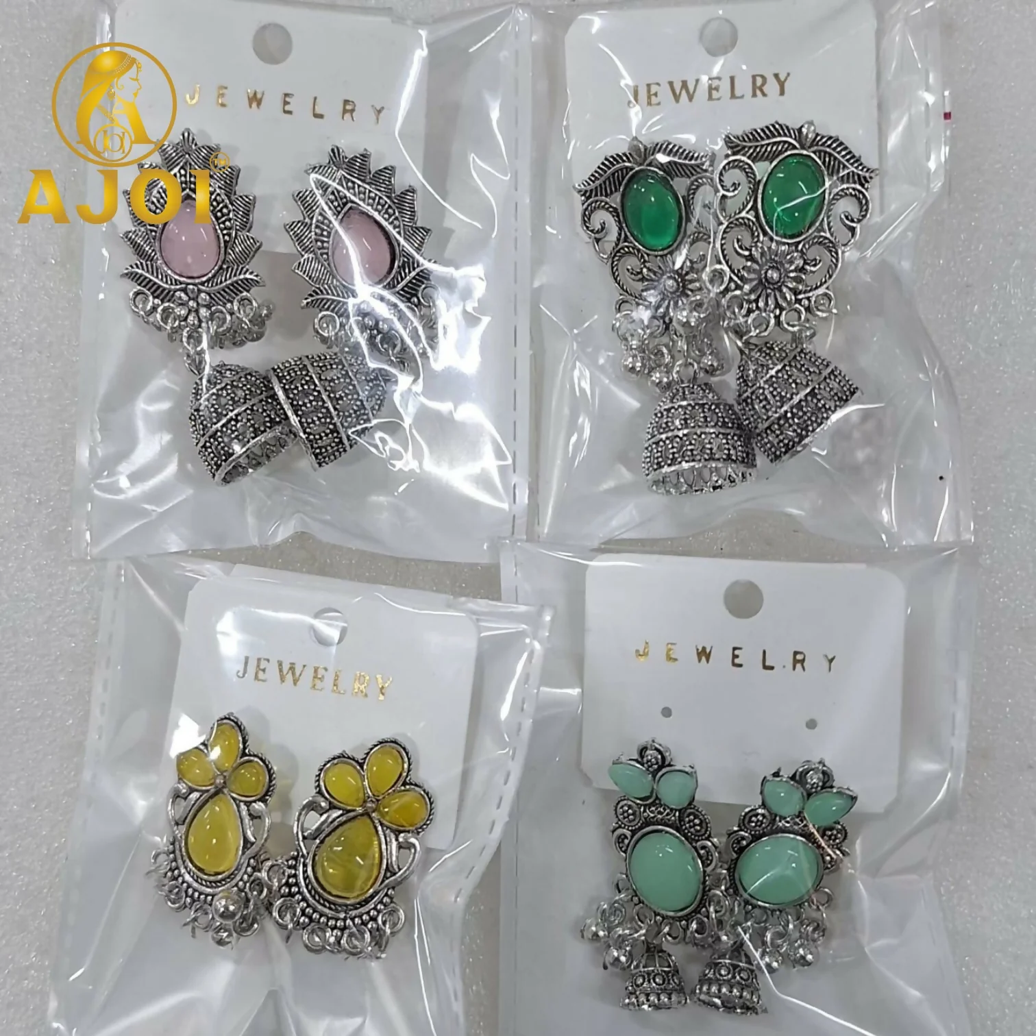 Oxidized Silver Jhumka Earrings Combo with Color Set of 4 - Image 4