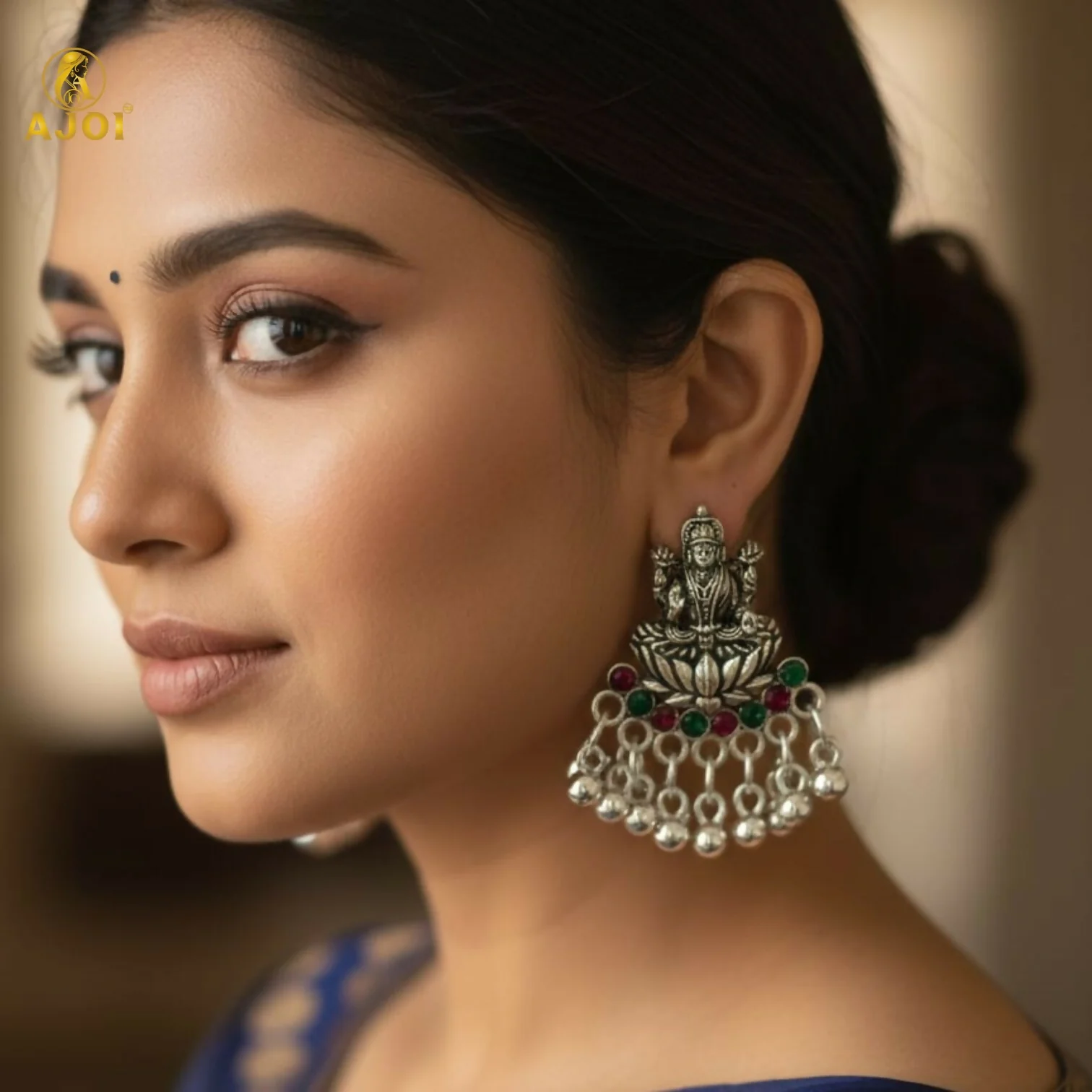 Oxidized Silver Lakshmi Idol Stud Earrings with Multicolor Stones & Dangling Beads - Image 2