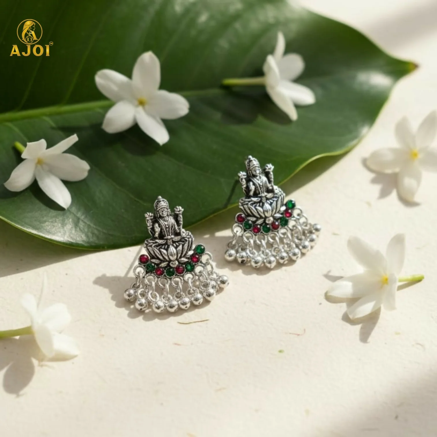 Oxidized Silver Lakshmi Idol Stud Earrings with Multicolor Stones & Dangling Beads - Image 3