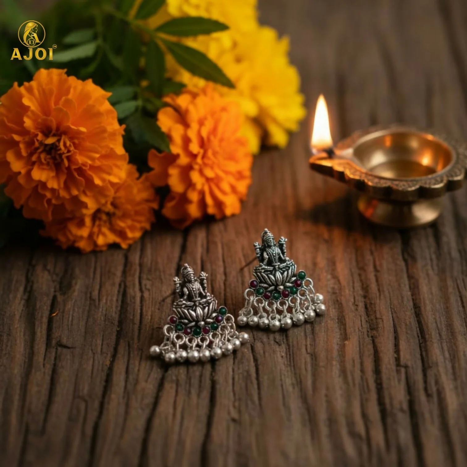 Oxidized Silver Lakshmi Idol Stud Earrings with Multicolor Stones & Dangling Beads - Image 4