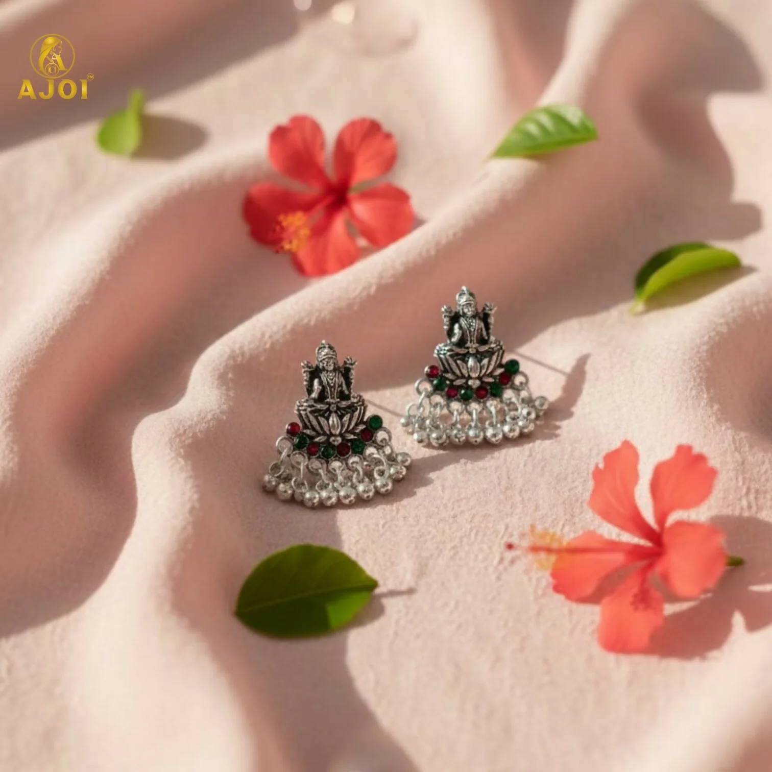 Oxidized Silver Lakshmi Idol Stud Earrings with Multicolor Stones & Dangling Beads - Image 5