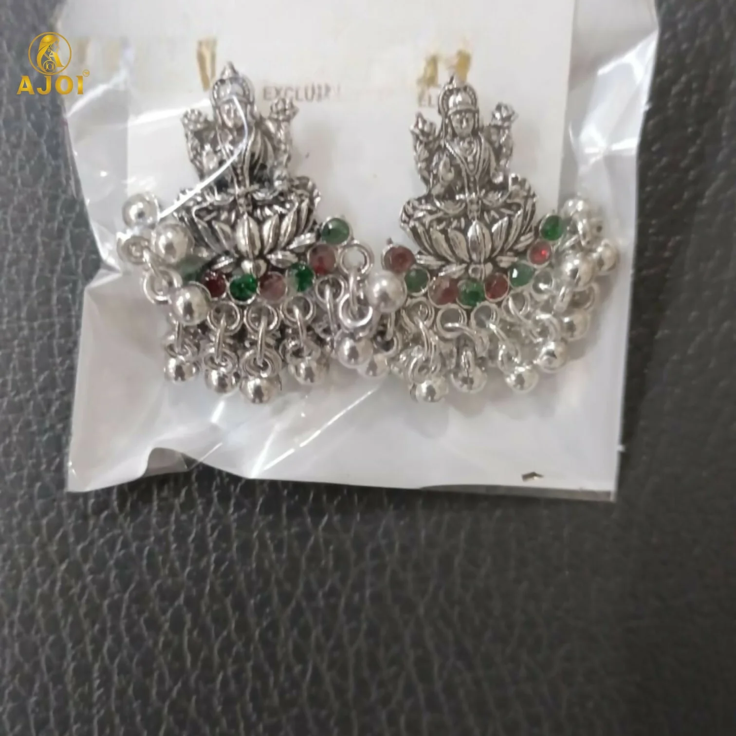 Oxidized Silver Lakshmi Idol Stud Earrings with Multicolor Stones & Dangling Beads - Image 6