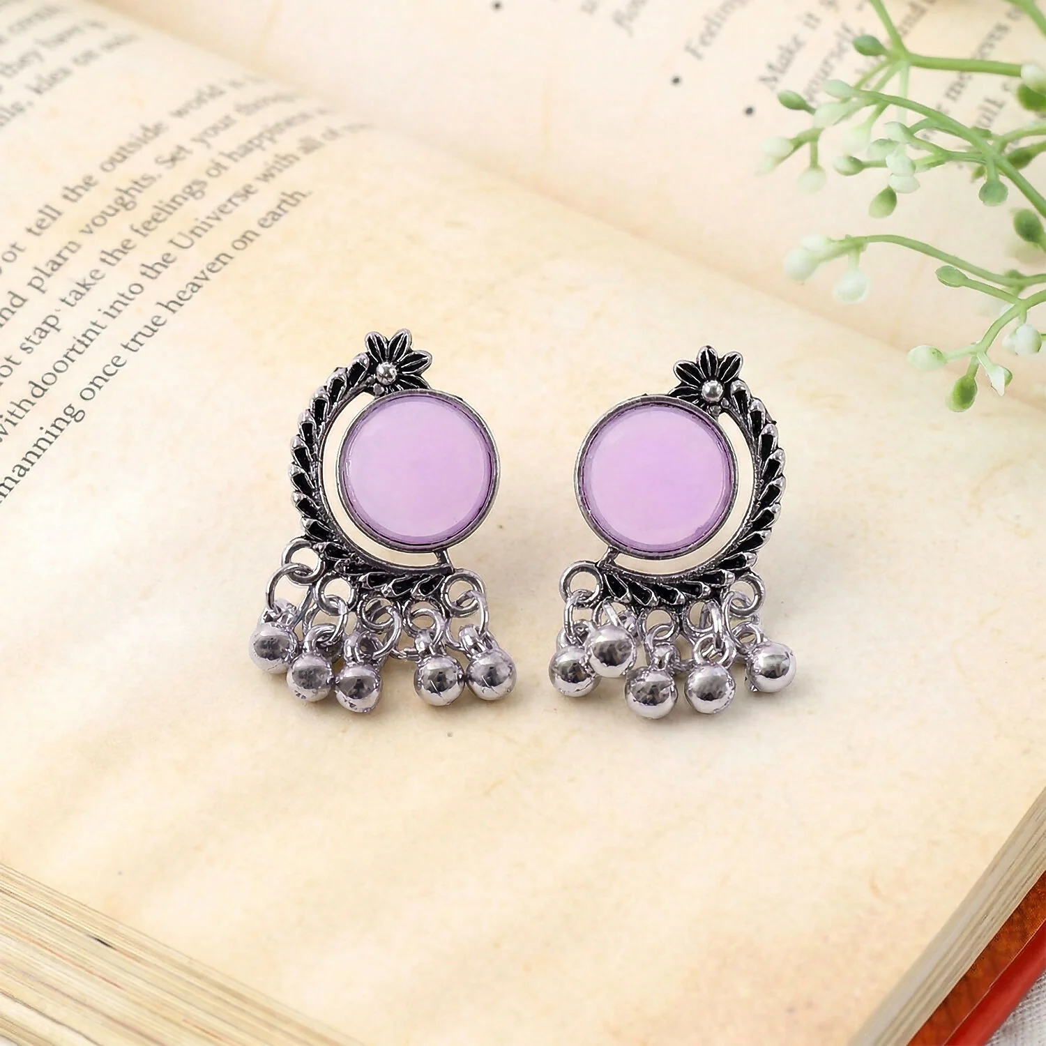 Oxidized Silver Lavender Stone Earrings | Ethnic Antique Jewelry | Women’s Fashion Drops - Image 3
