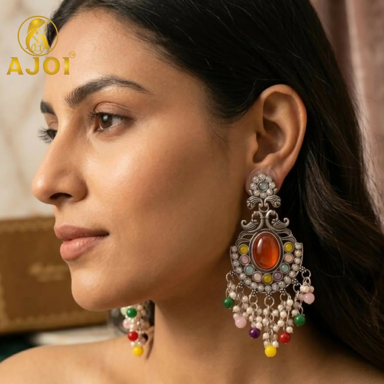 Oxidized Silver Multicolor Stone Chandbali Earrings with Pearl Bead Drops - Image 2