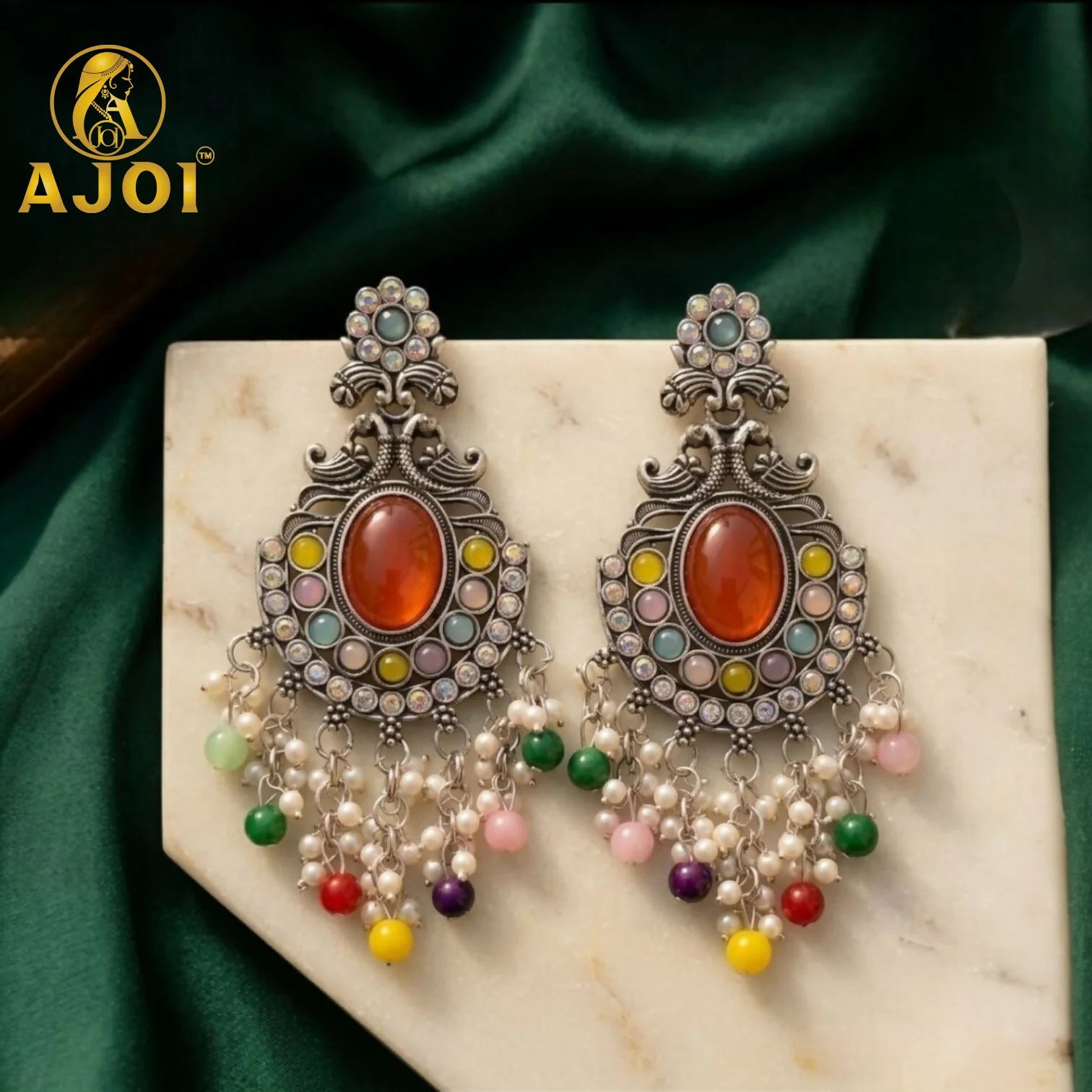 Oxidized Silver Multicolor Stone Chandbali Earrings with Pearl Bead Drops - Image 3