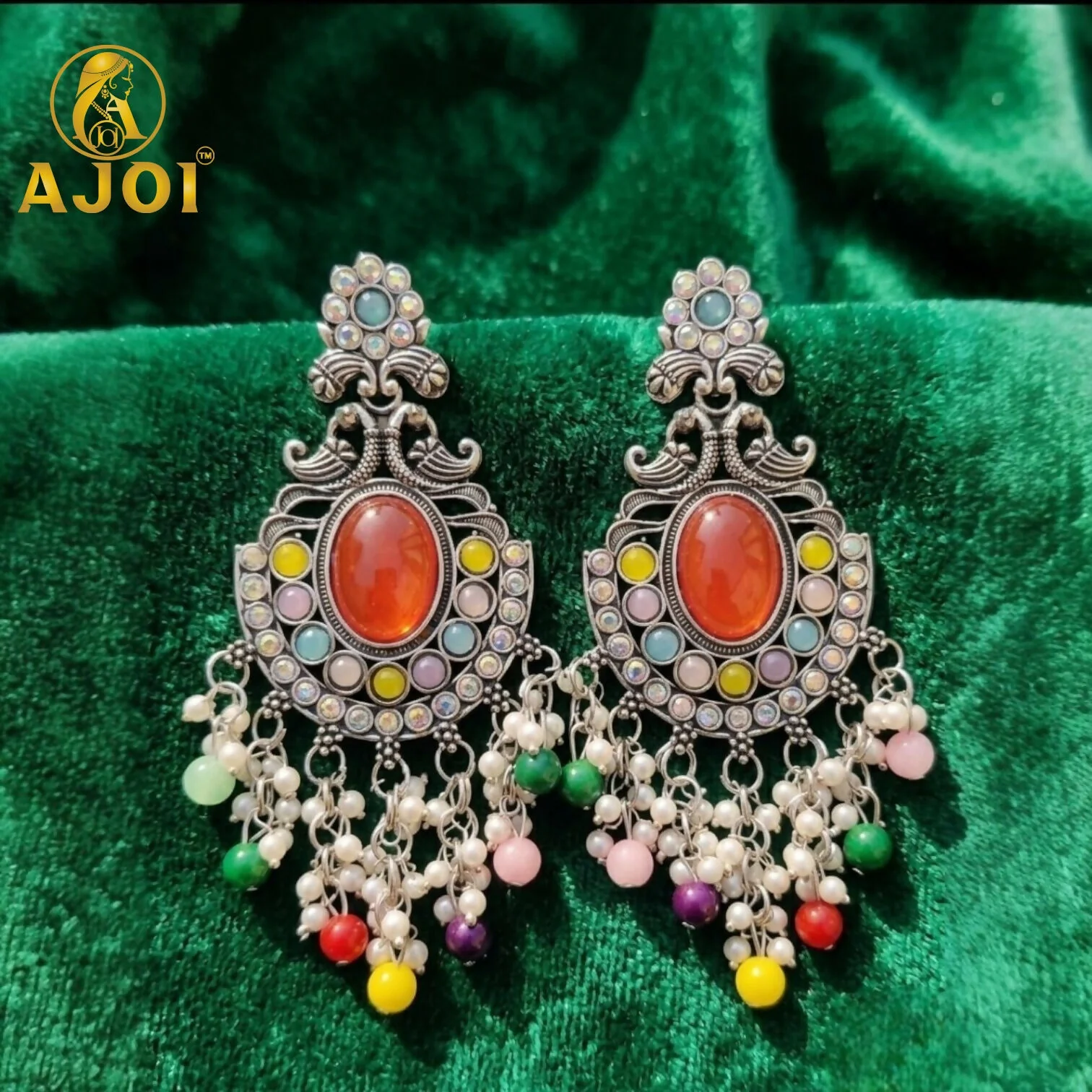Oxidized Silver Multicolor Stone Chandbali Earrings with Pearl Bead Drops - Image 4