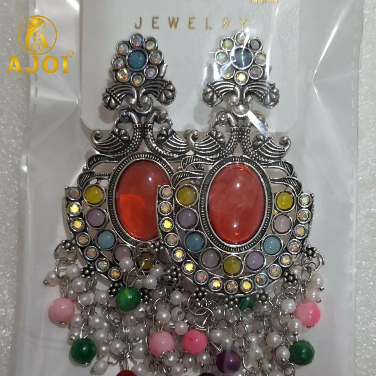 Oxidized Silver Multicolor Stone Chandbali Earrings with Pearl Bead Drops - Image 5