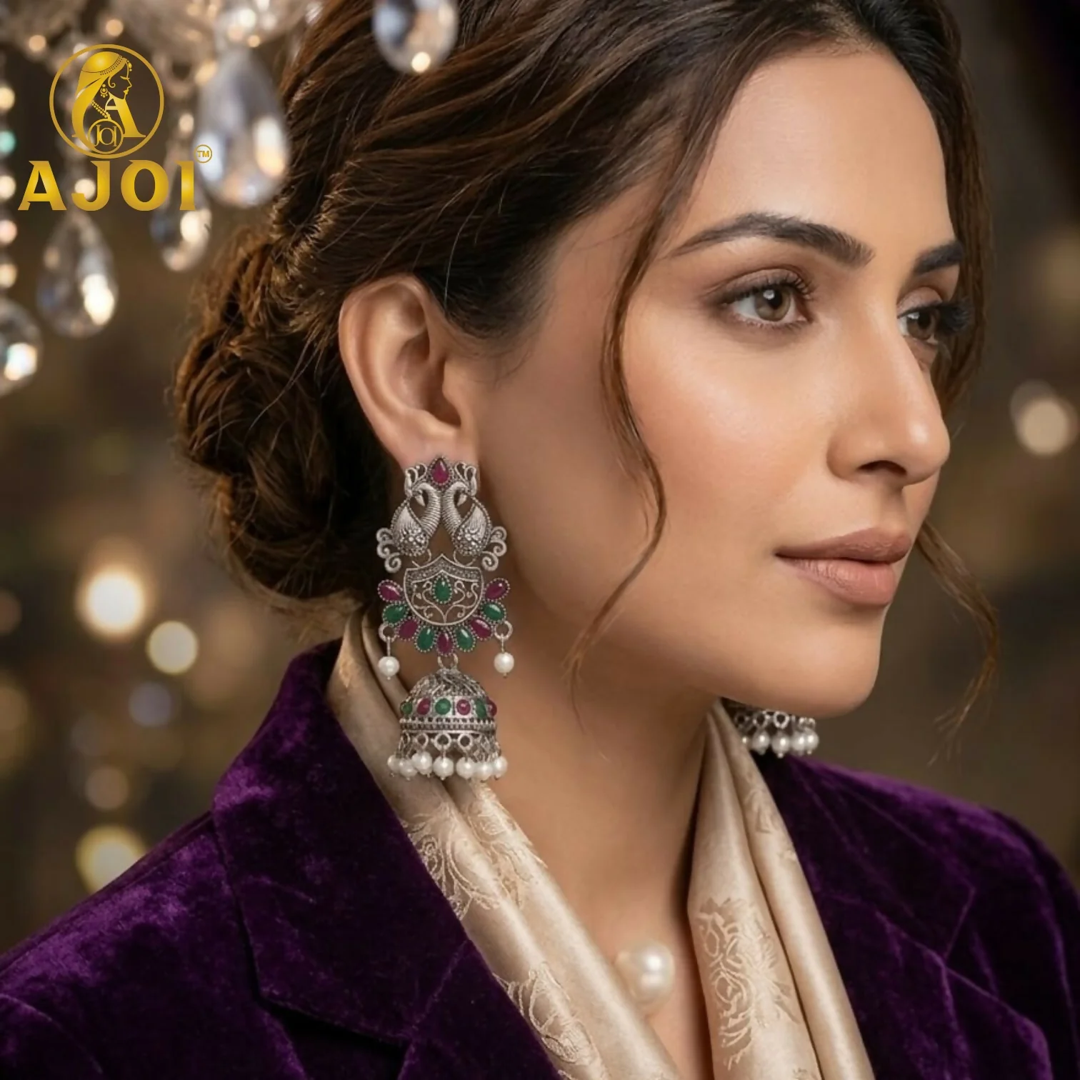 Oxidized Silver Peacock Jhumka Earrings with Ruby Green Stones & Pearls - Image 2