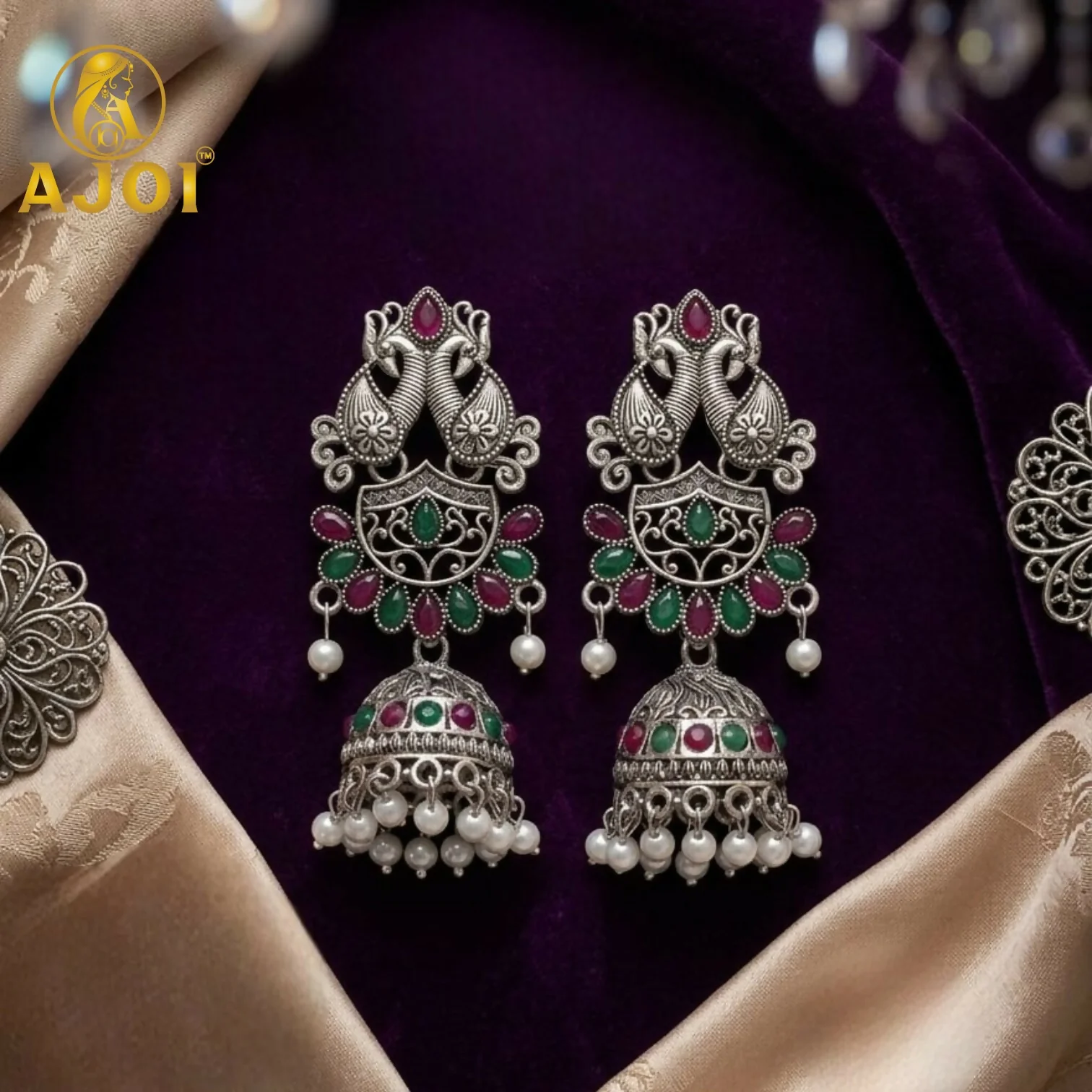 Oxidized Silver Peacock Jhumka Earrings with Ruby Green Stones & Pearls - Image 3