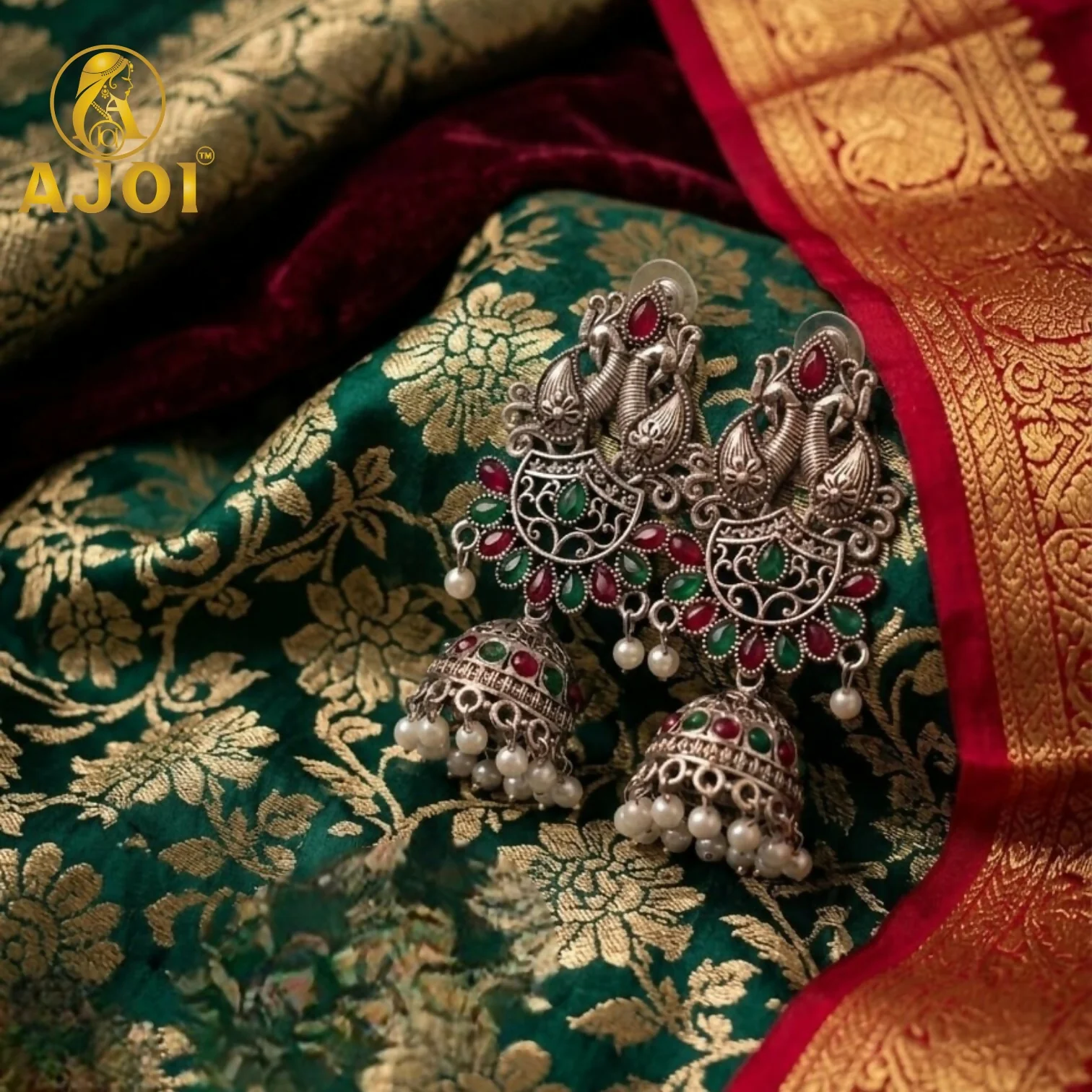 Oxidized Silver Peacock Jhumka Earrings with Ruby Green Stones & Pearls - Image 4