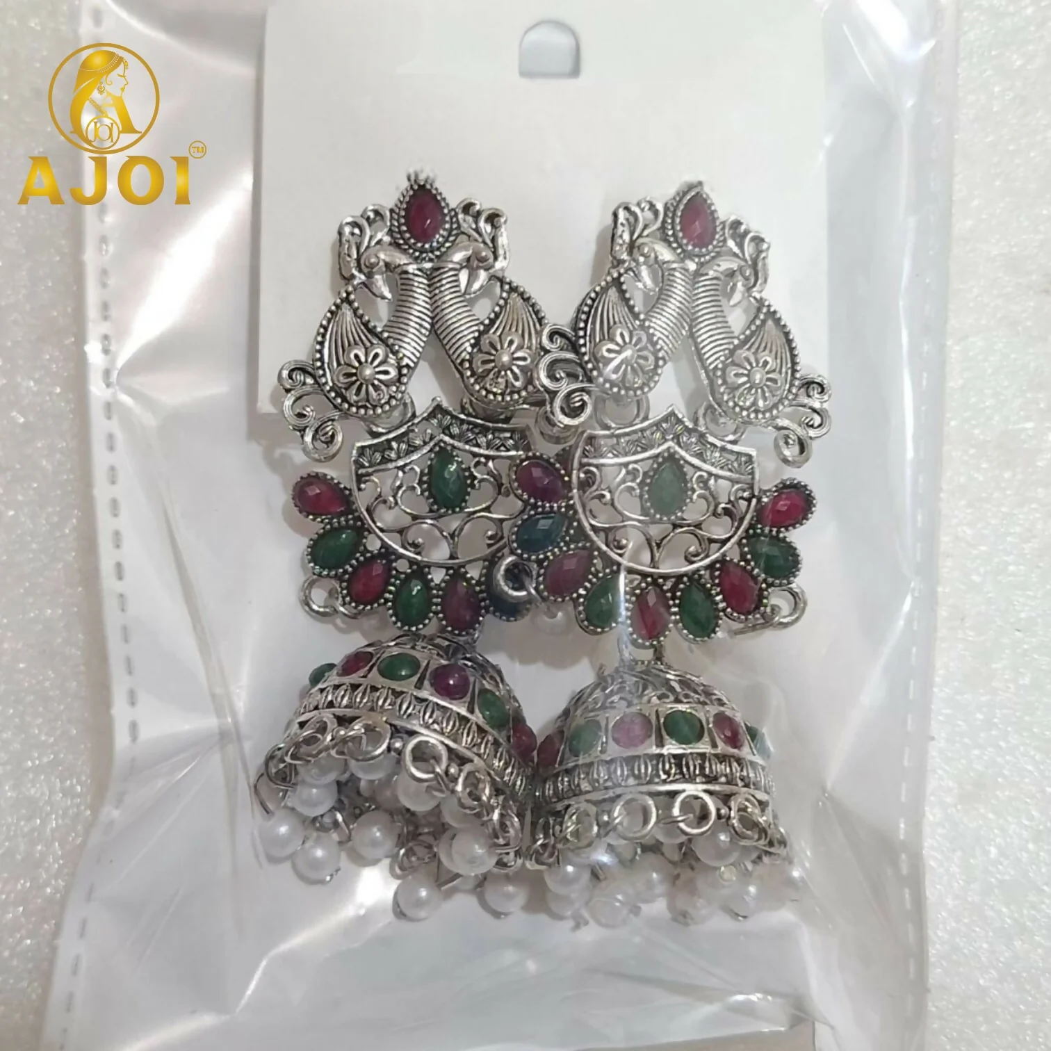 Oxidized Silver Peacock Jhumka Earrings with Ruby Green Stones & Pearls - Image 5