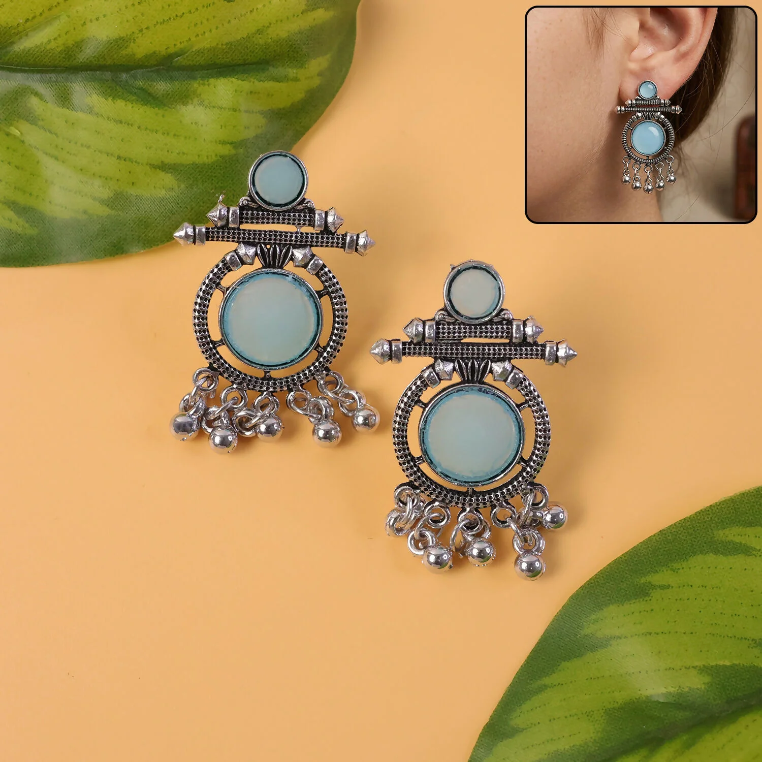 Oxidized Silver-Plated Blue Stone Drop Earrings for Women | Ethnic Tribal Jewelry