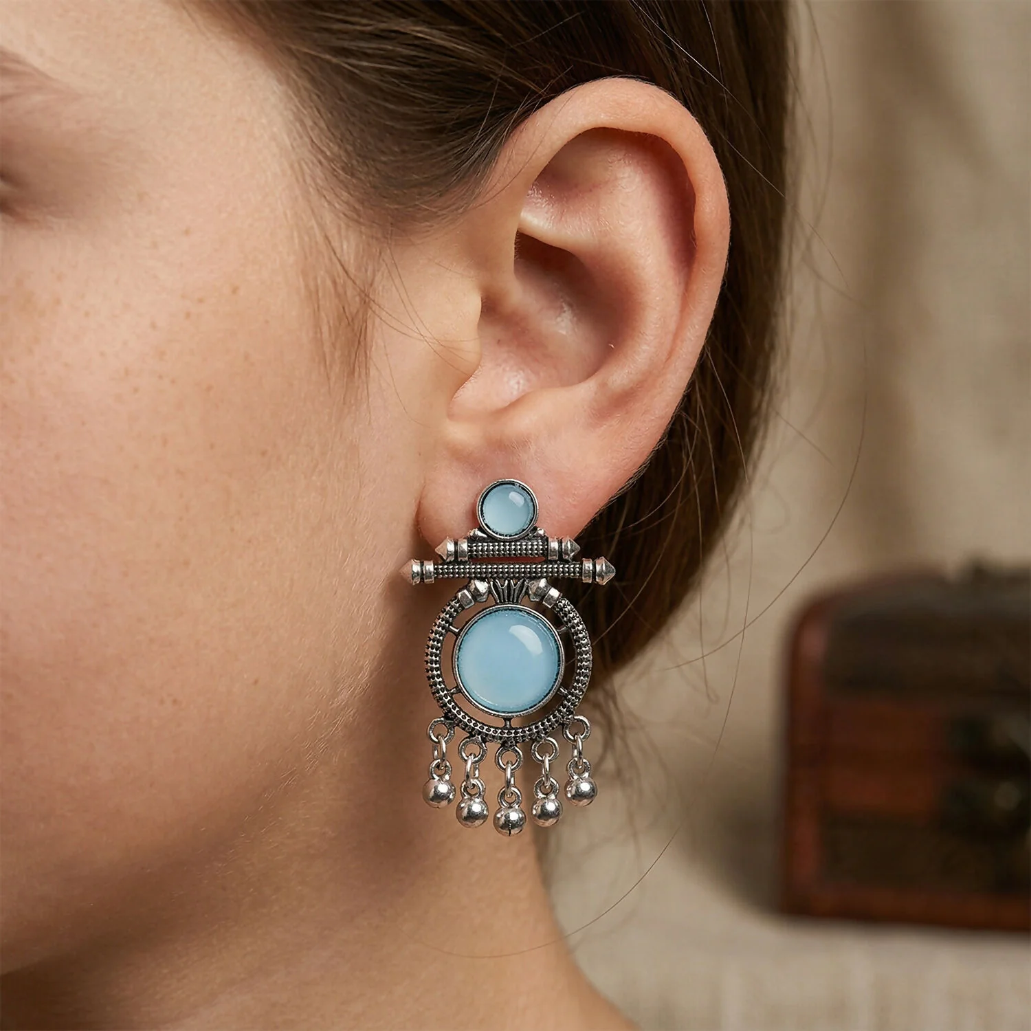 Oxidized Silver-Plated Blue Stone Drop Earrings for Women | Ethnic Tribal Jewelry - Image 2