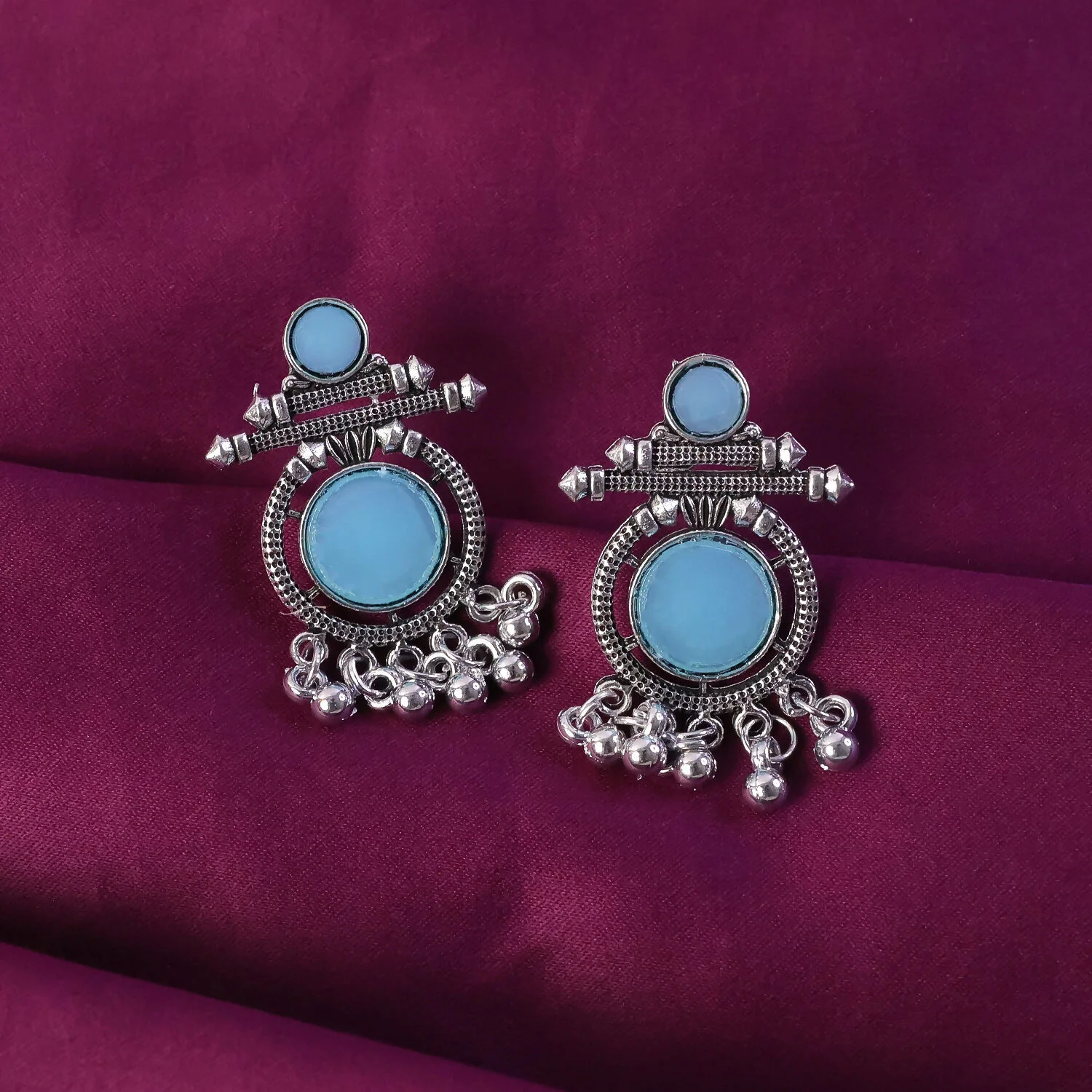 Oxidized Silver-Plated Blue Stone Drop Earrings for Women | Ethnic Tribal Jewelry - Image 3