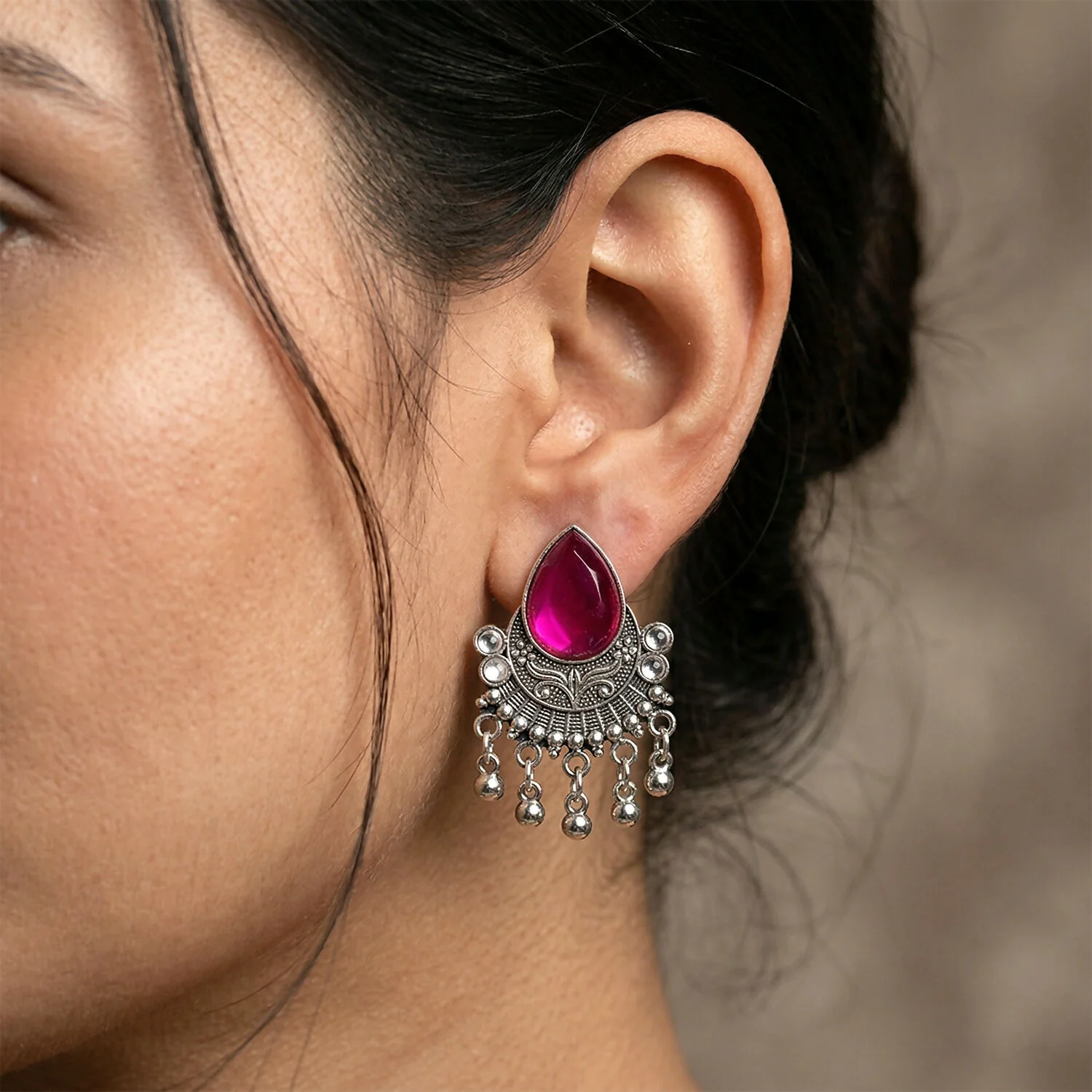 Oxidized Silver-Plated Magenta Pink Pear Stone Earrings | Traditional Ethnic Jewelry - Image 2