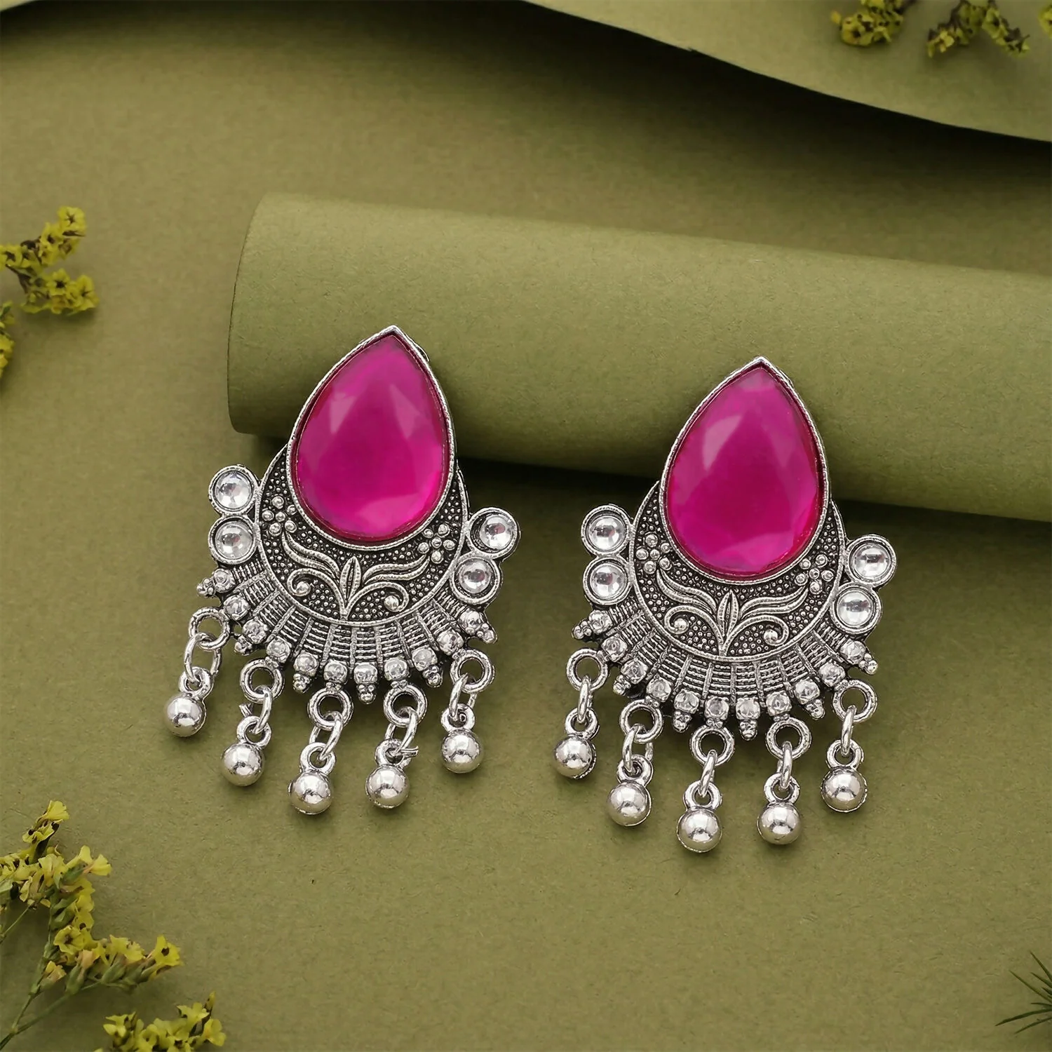 Oxidized Silver-Plated Magenta Pink Pear Stone Earrings | Traditional Ethnic Jewelry - Image 3