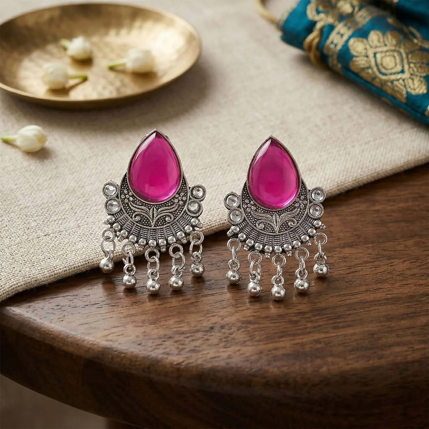 Oxidized Silver-Plated Magenta Pink Pear Stone Earrings | Traditional Ethnic Jewelry - Image 4