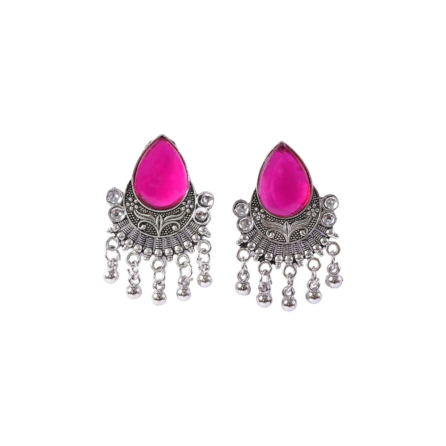 Oxidized Silver-Plated Magenta Pink Pear Stone Earrings | Traditional Ethnic Jewelry - Image 5