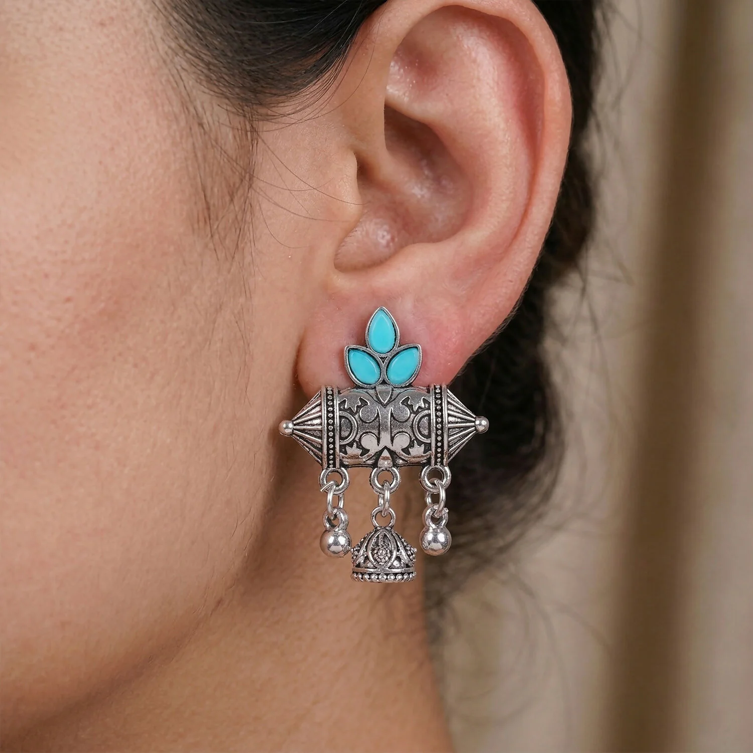 Oxidized Silver-Plated Sky Blue Leaf Stud Earrings with Mini Jhumki Hangings - Image 2