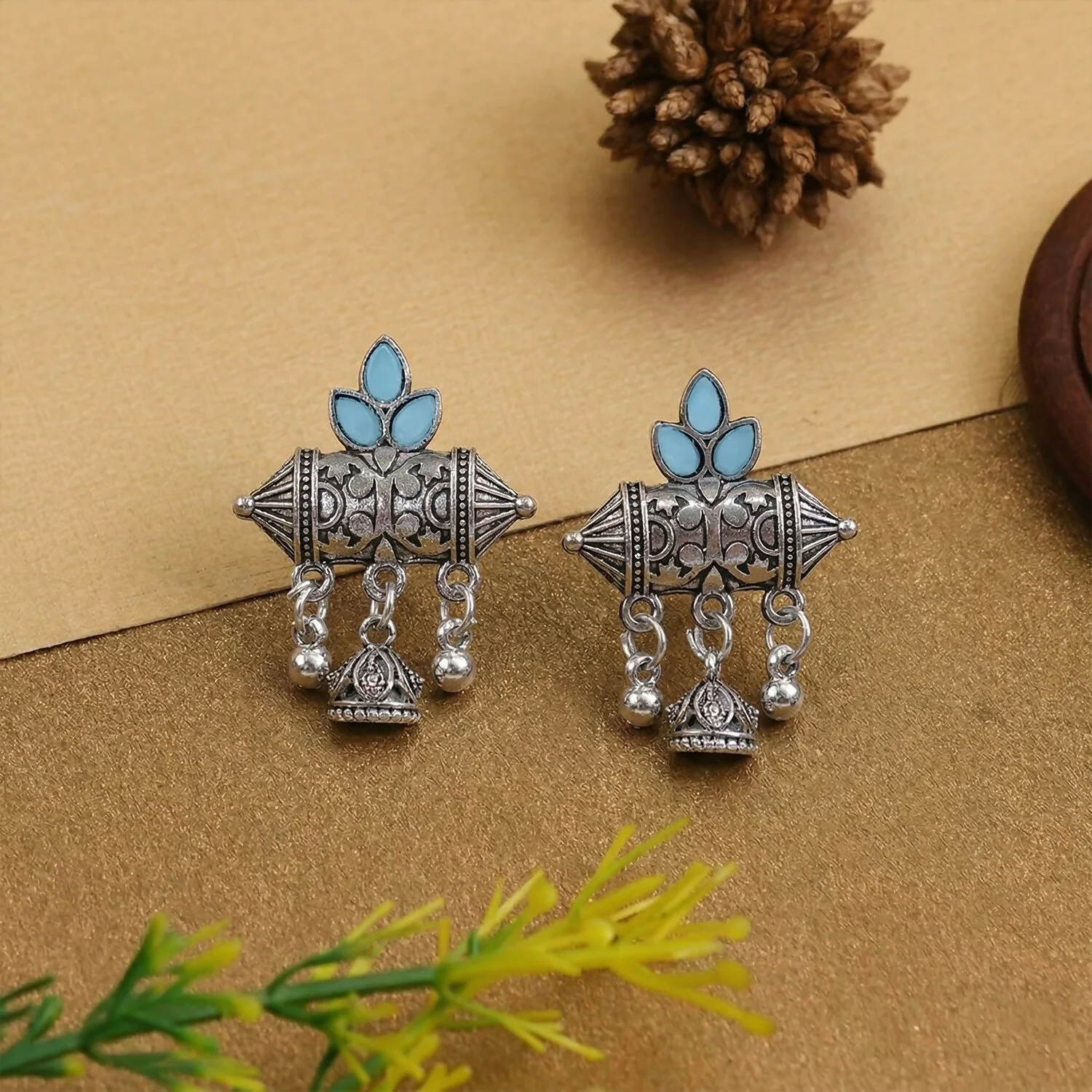 Oxidized Silver-Plated Sky Blue Leaf Stud Earrings with Mini Jhumki Hangings - Image 3