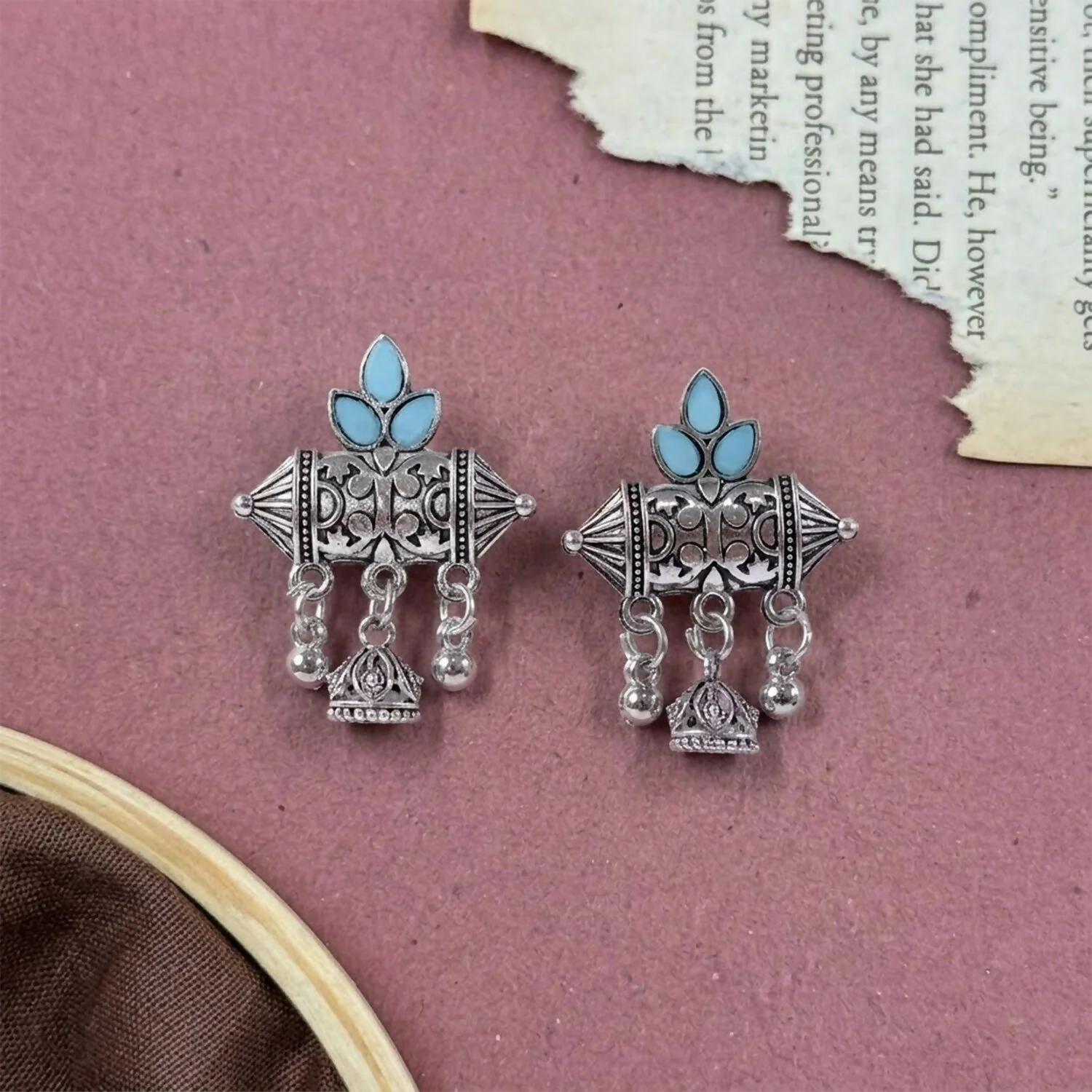 Oxidized Silver-Plated Sky Blue Leaf Stud Earrings with Mini Jhumki Hangings - Image 4