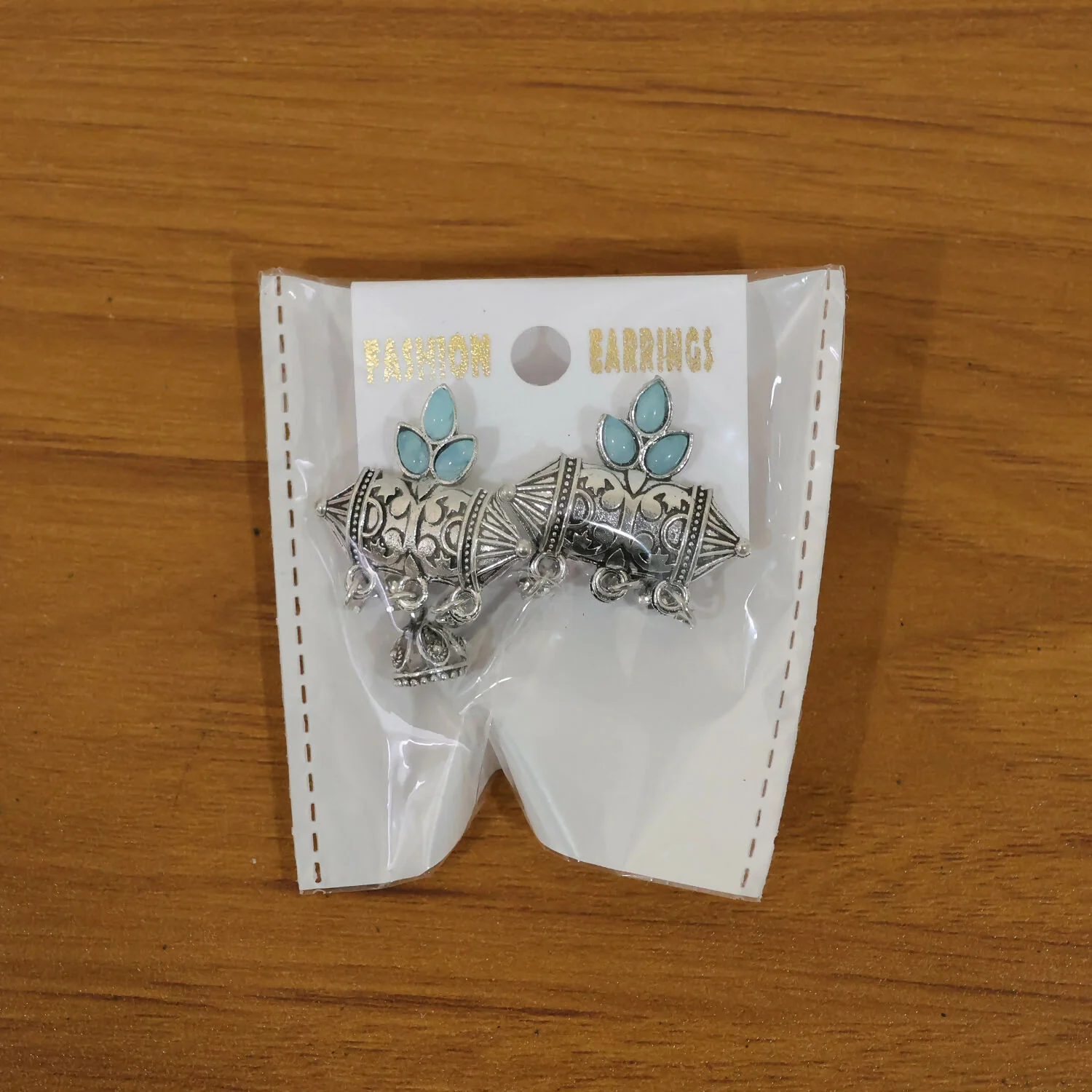 Oxidized Silver-Plated Sky Blue Leaf Stud Earrings with Mini Jhumki Hangings - Image 5