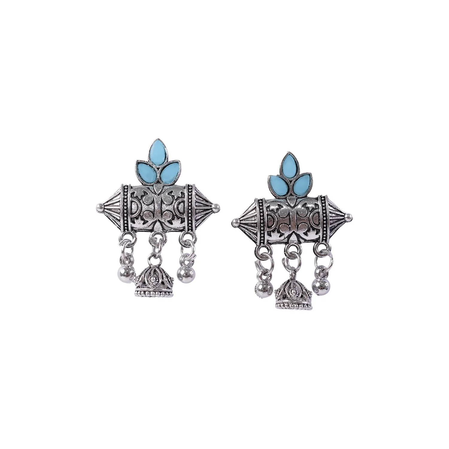 Oxidized Silver-Plated Sky Blue Leaf Stud Earrings with Mini Jhumki Hangings - Image 6