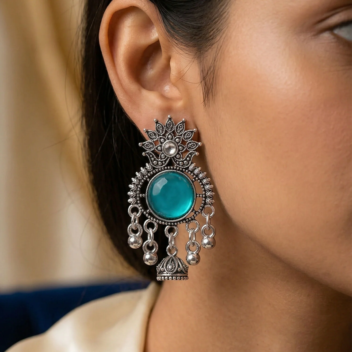 Oxidized Silver-Plated Teal Green Stone Jhumka Earrings | Traditional Ethnic Jewelry - Image 2