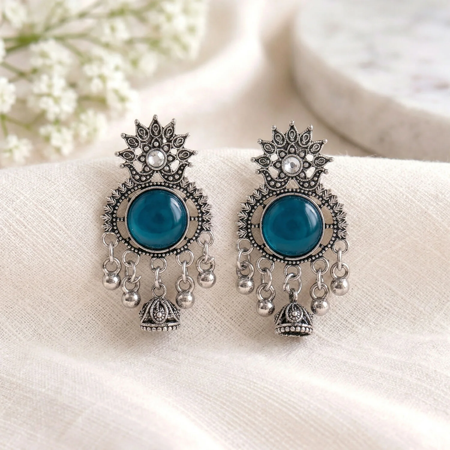 Oxidized Silver-Plated Teal Green Stone Jhumka Earrings | Traditional Ethnic Jewelry - Image 3