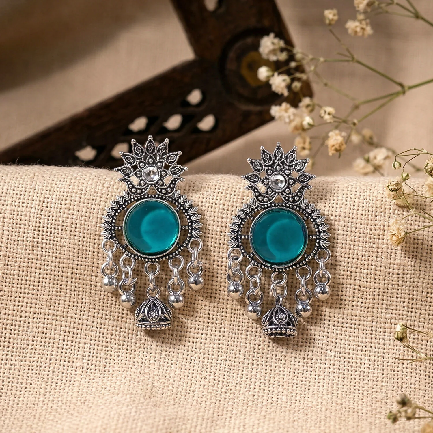 Oxidized Silver-Plated Teal Green Stone Jhumka Earrings | Traditional Ethnic Jewelry - Image 4