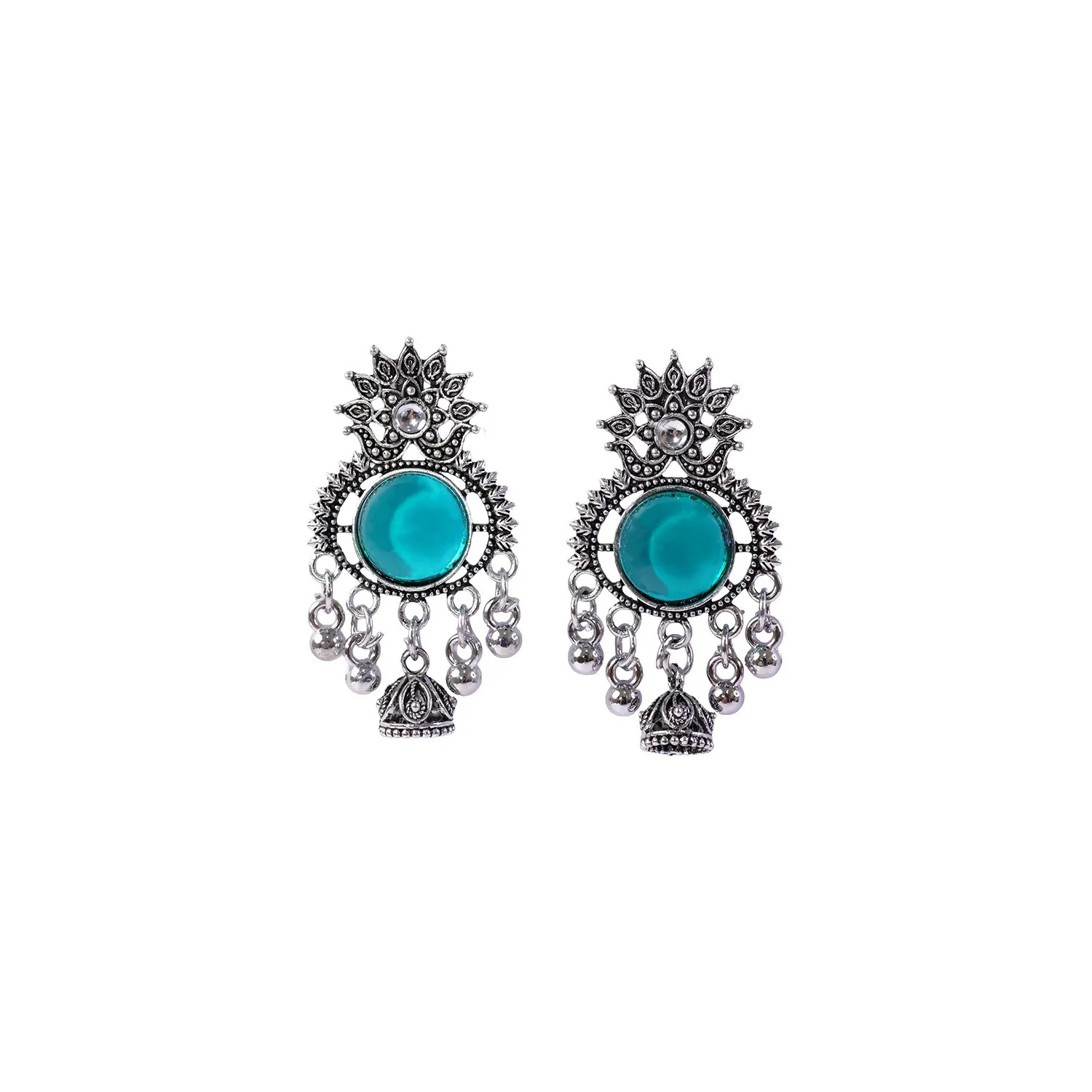 Oxidized Silver-Plated Teal Green Stone Jhumka Earrings | Traditional Ethnic Jewelry - Image 5