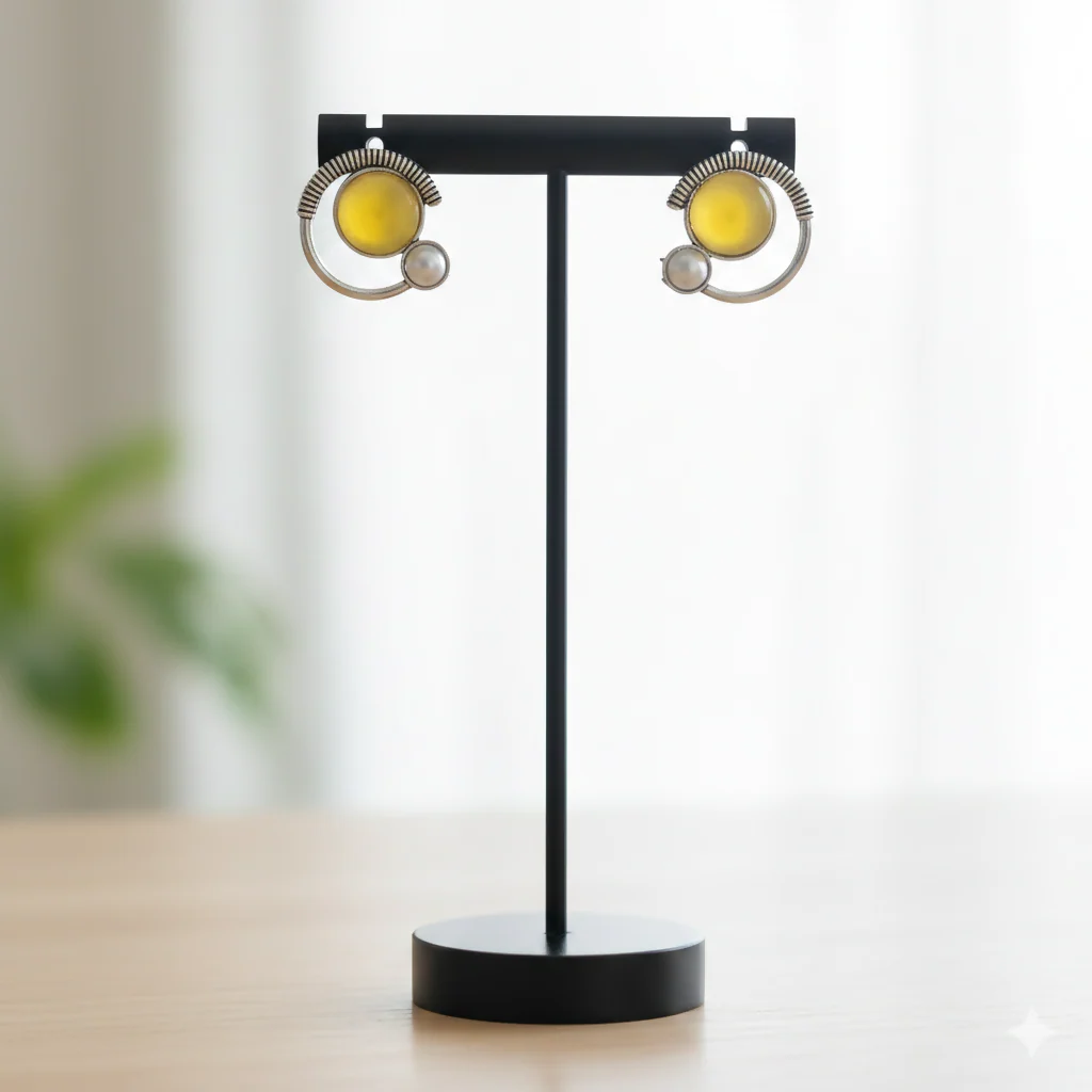 Oxidized Silver Stud Earrings with Yellow Citrine Glass and Pearl Accents - Image 2