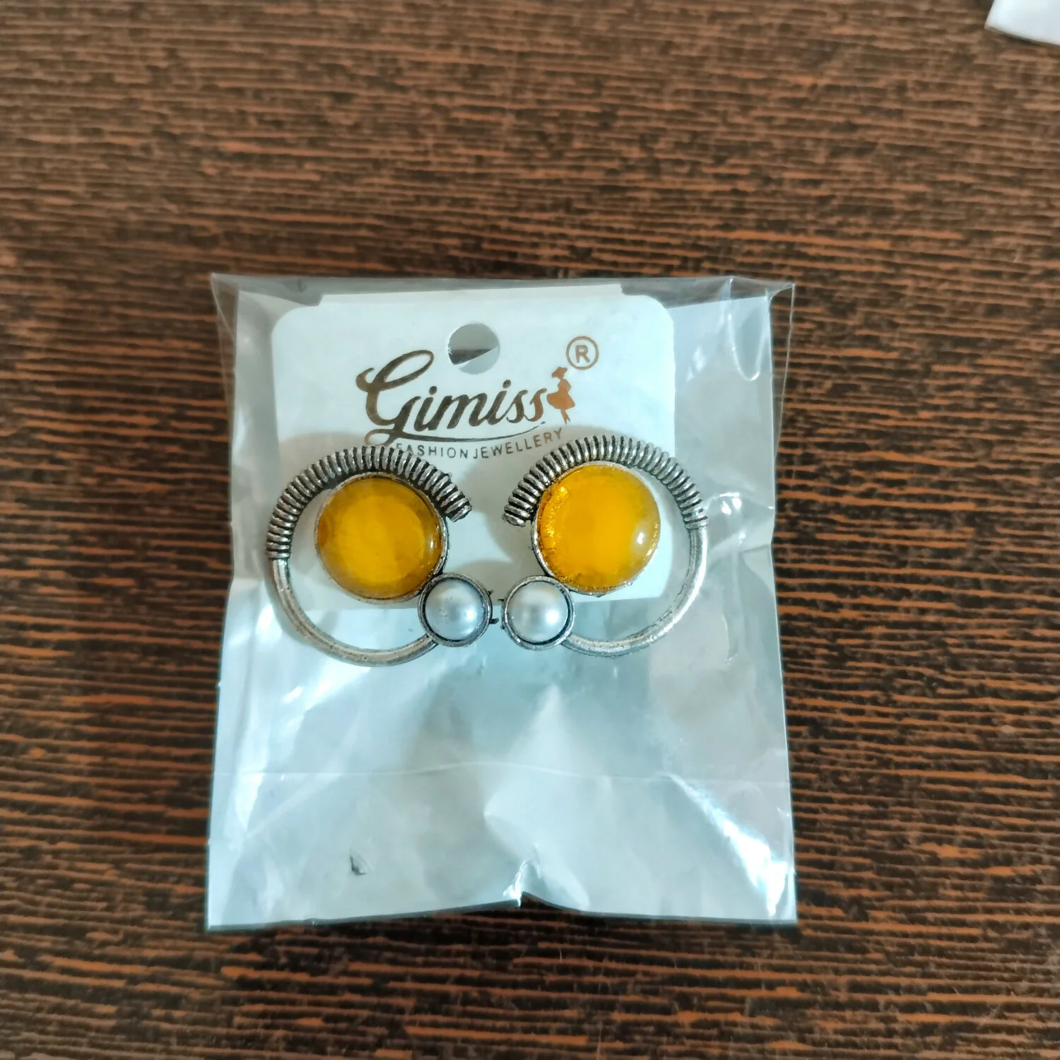Oxidized Silver Stud Earrings with Yellow Citrine Glass and Pearl Accents - Image 4