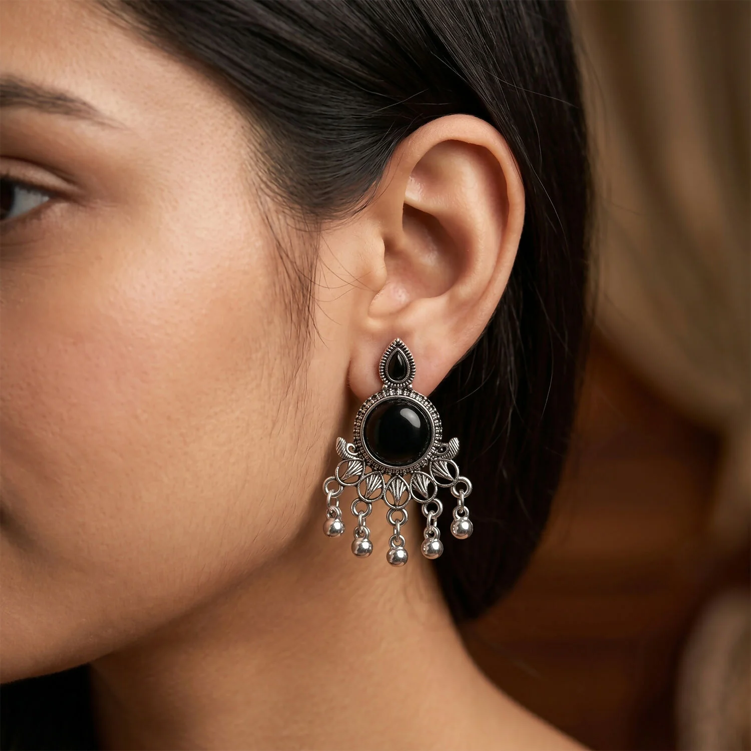 Oxidized Silver Teal Black Stone Jhumka Earrings | Antique Floral Stud Drops - Image 2