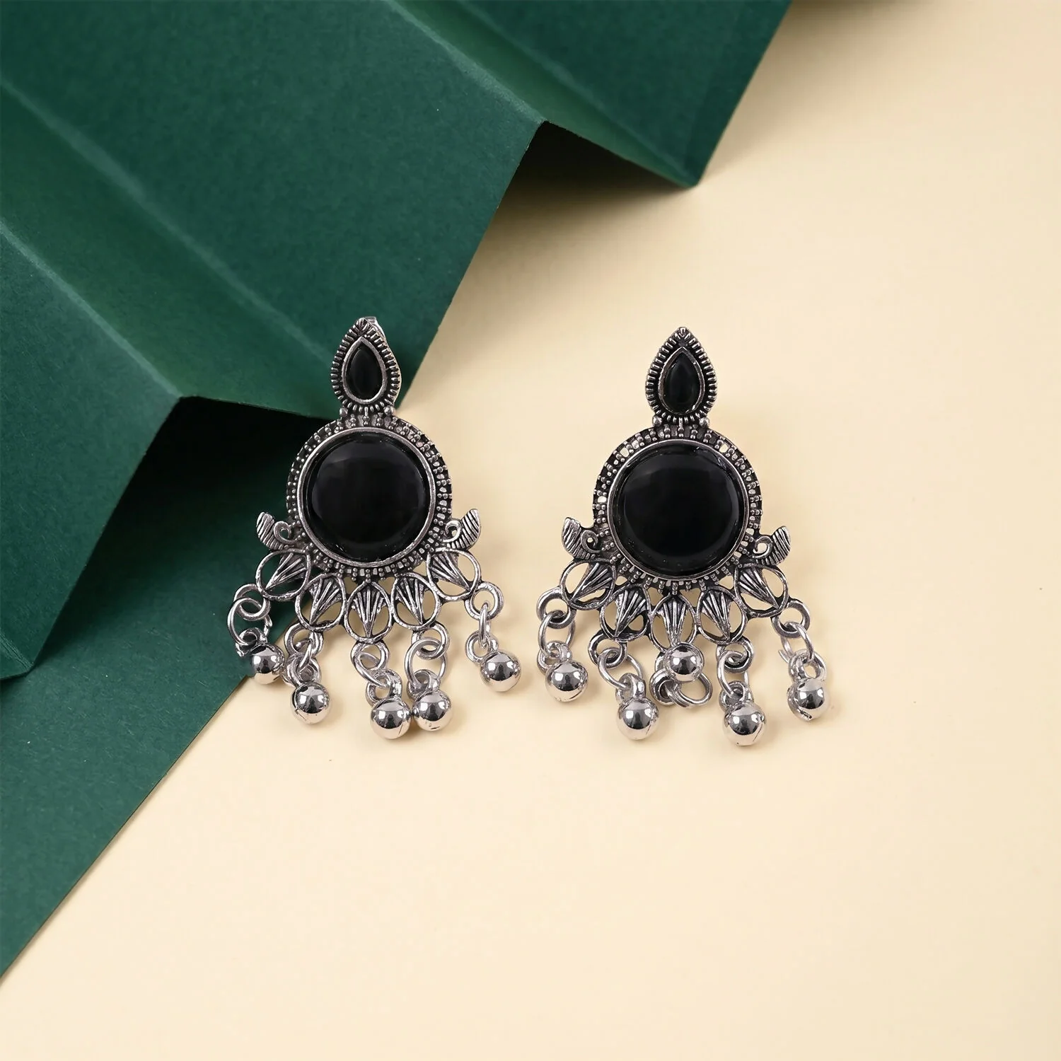 Oxidized Silver Teal Black Stone Jhumka Earrings | Antique Floral Stud Drops - Image 3