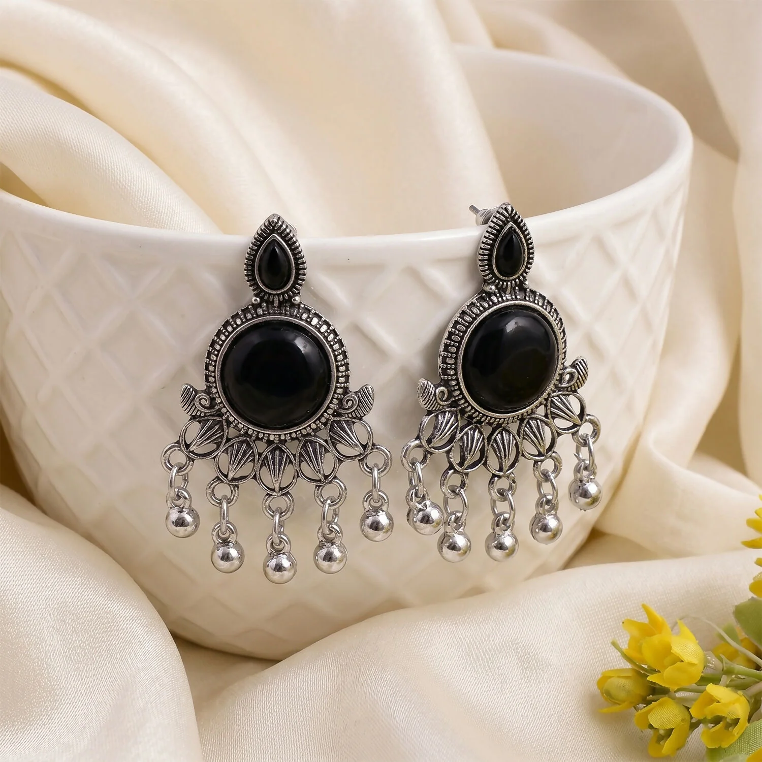 Oxidized Silver Teal Black Stone Jhumka Earrings | Antique Floral Stud Drops - Image 4